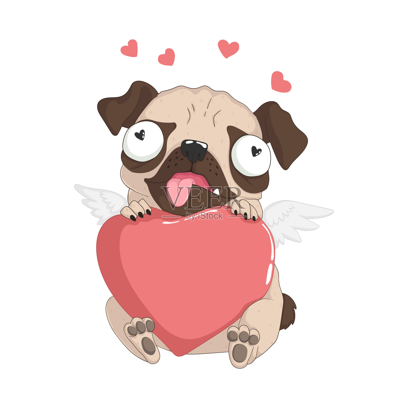 Happy Valentine's Day. Cute pug dog huging pink heart. Hand rdawn vector cartoons illustration. Isolation on white background. Best For t-shirt design, posters, cards and prints.设计模板素材