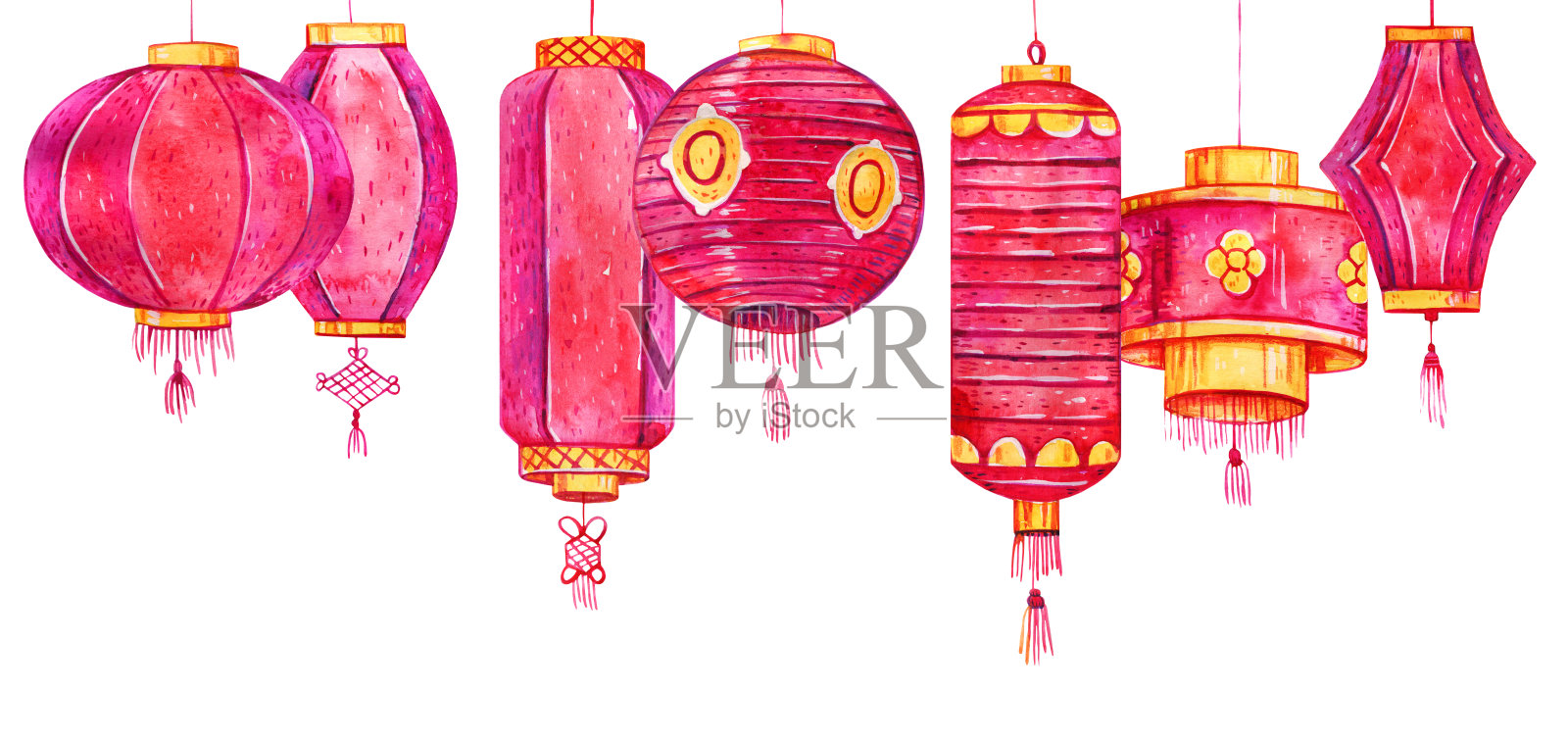 中国传统的纸灯笼挂在纸的顶端。手绘水彩素描插图插画图片素材