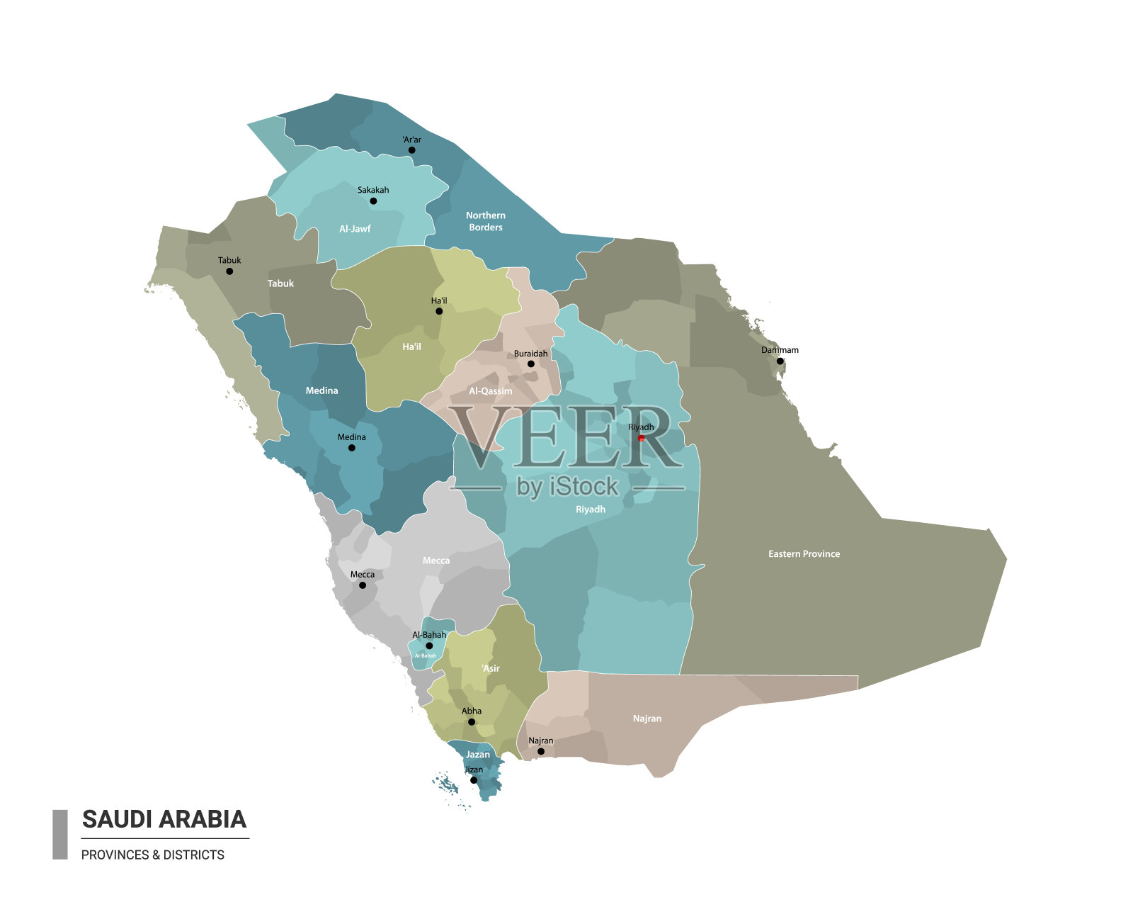沙特阿拉伯的详细地图与细分。行政地图的沙特阿拉伯与地区和城市的名称，彩色的国家和行政区域。矢量插图。插画图片素材