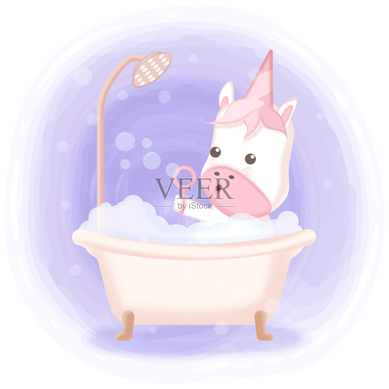可爱的独角兽在浴缸里洗澡，手绘设计元素图片