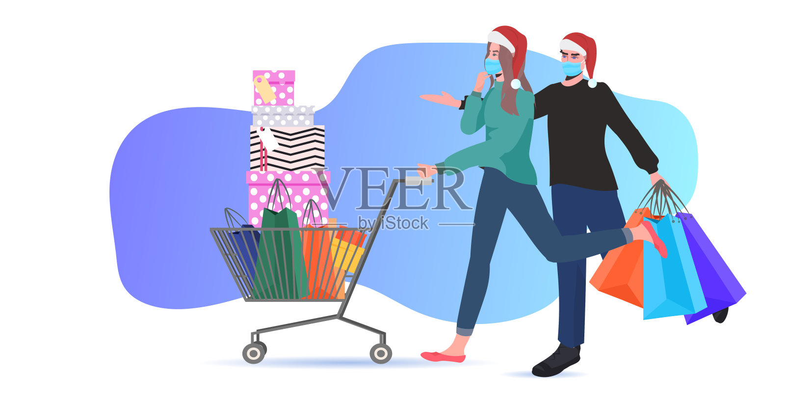 夫妇戴着圣诞老人的帽子和面具，推着手推车，用购物袋销售新冠病毒检疫新年插画图片素材