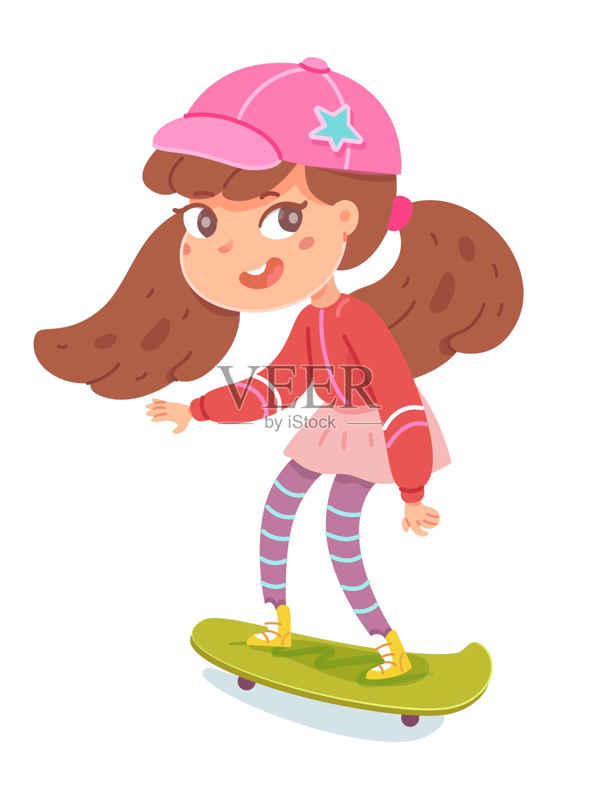 玩滑板的孩子。快乐的女孩在滑板上速度，孤立在白色的背景。娱乐在滑板公园操场矢量插图。现代青年休闲插画图片素材