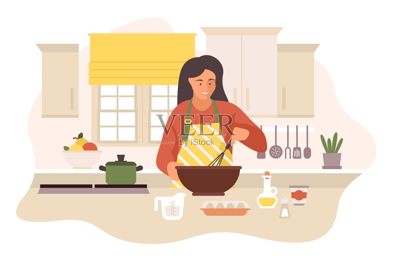 快乐美丽的年轻女子穿着围裙在舒适明亮的现代厨房做饭。矢量平面插图孤立的白色背景与妻子花时间与最喜爱的爱好插画图片素材