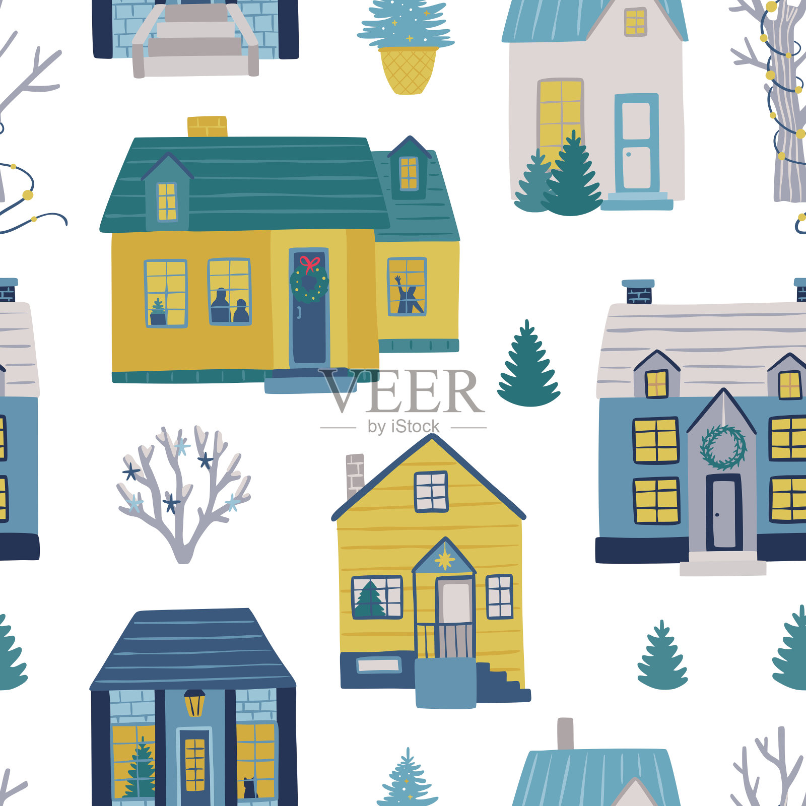 房子无缝模式。向量的房子的背景。可爱的冬天的房子和树的背景。小镇的圣诞背景插画图片素材