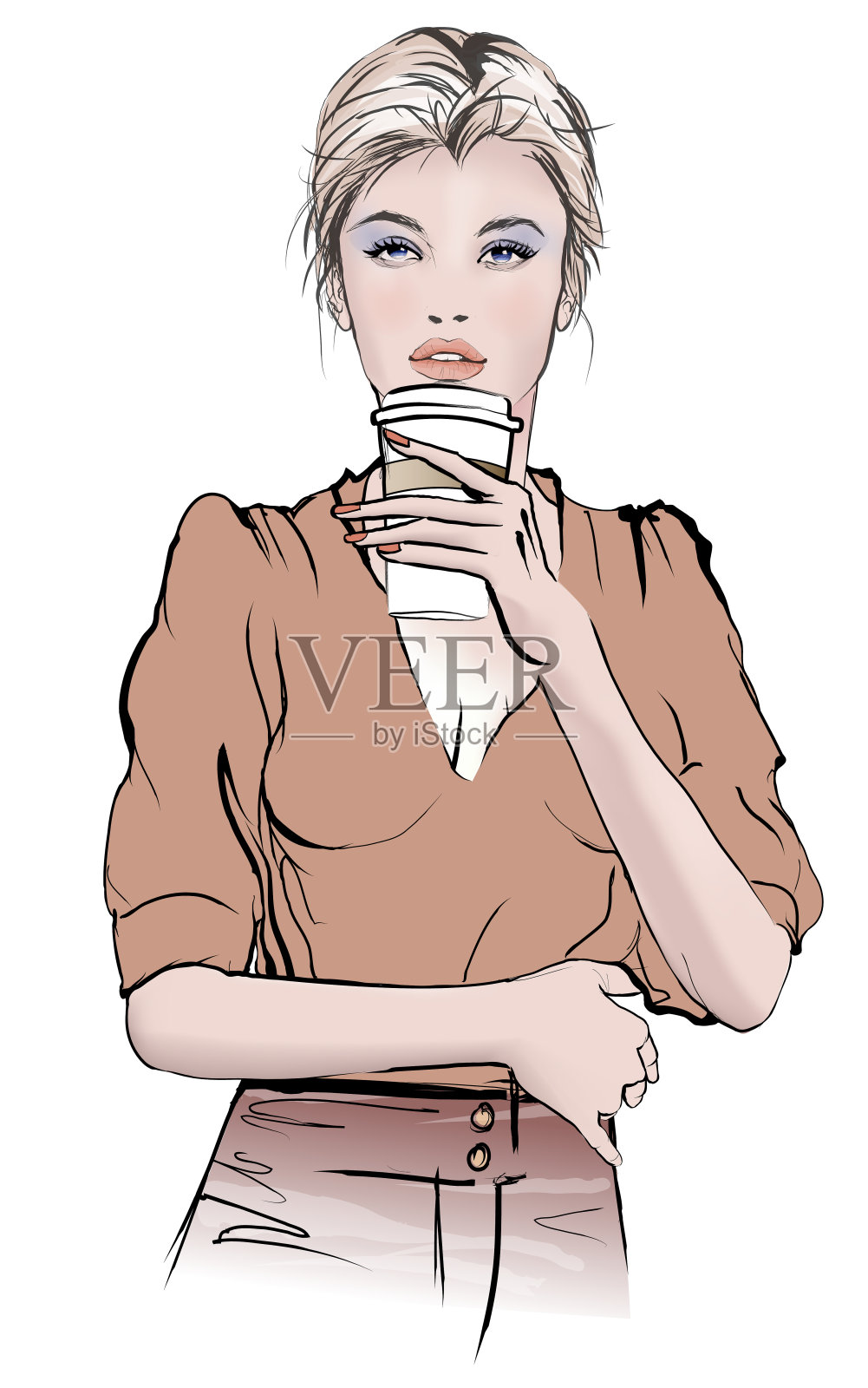 喝咖啡的漂亮女孩插画图片素材
