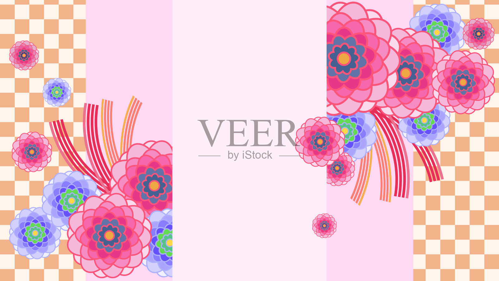 日本风格的花朵和格子背景材料插画图片素材