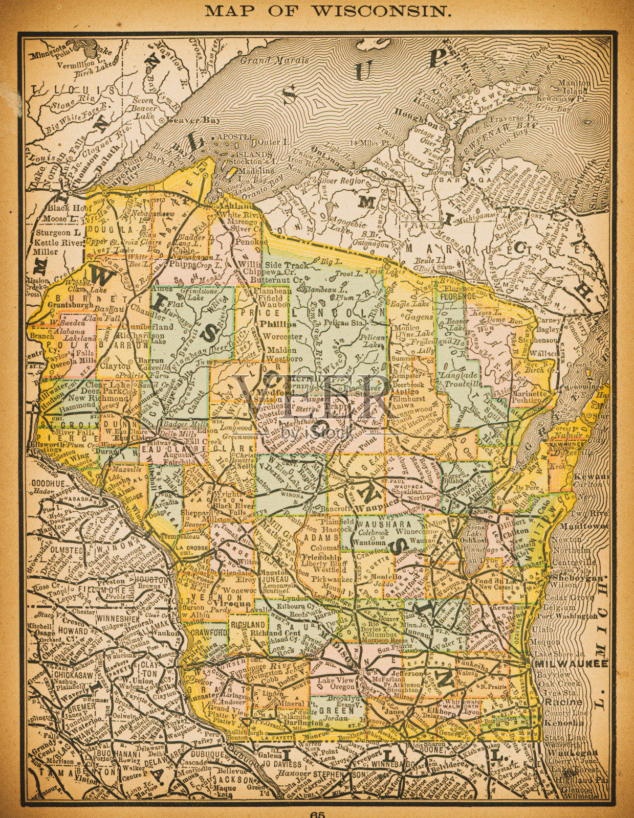 19世纪威斯康星的地图插画图片素材