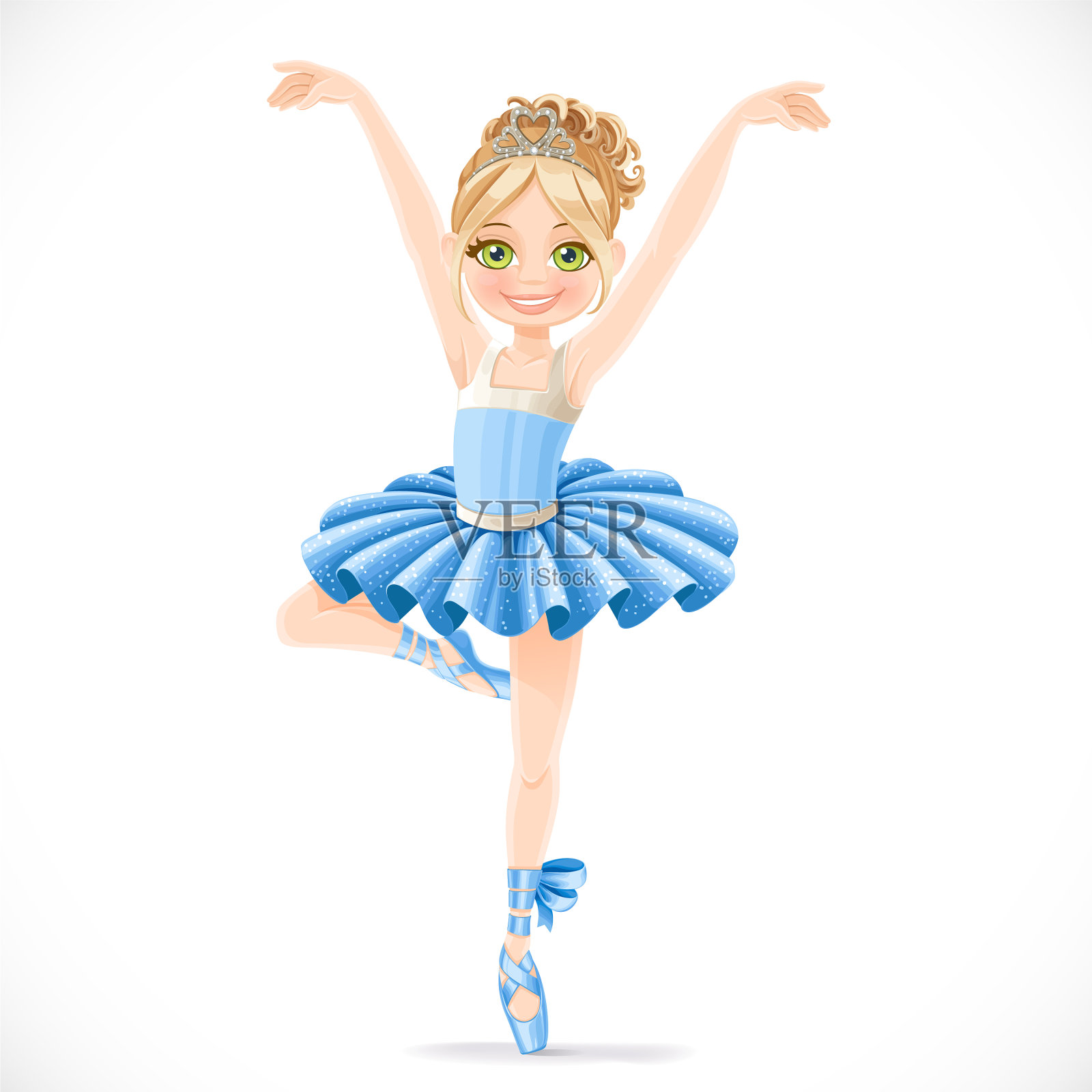 穿着蓝色短裙的芭蕾舞女演员单腿跳舞插画图片素材