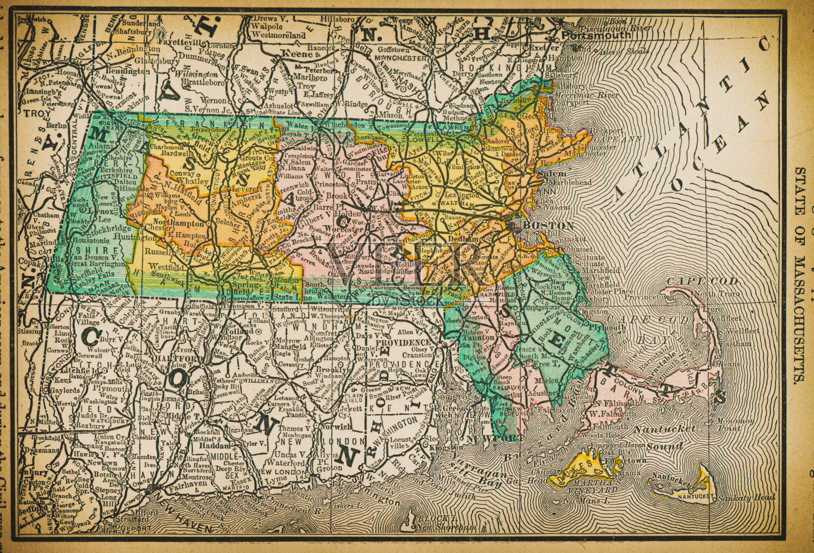 19世纪马萨诸塞州的地图插画图片素材