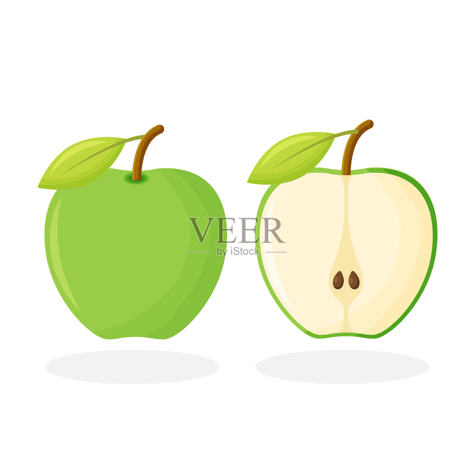 青苹果图标。从白色背景中分成两半的绿色苹果向量。矢量图设计元素图片