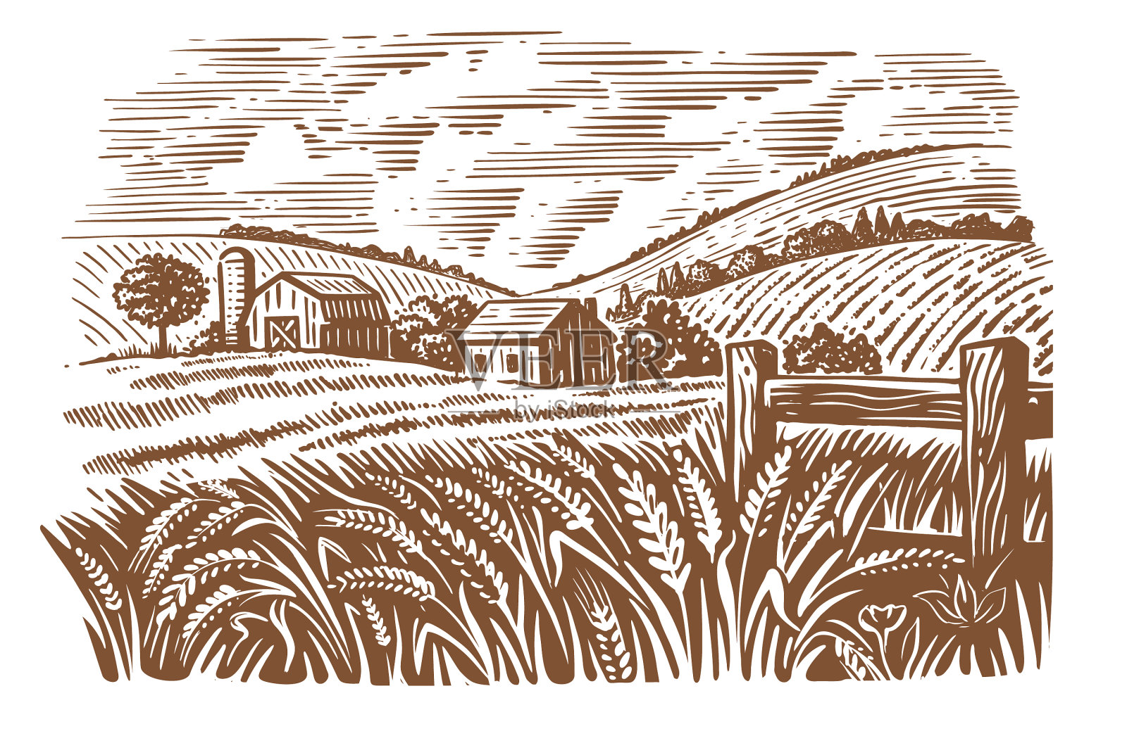 村上阳光明媚的日子里，田间的小麦素描插画图片素材