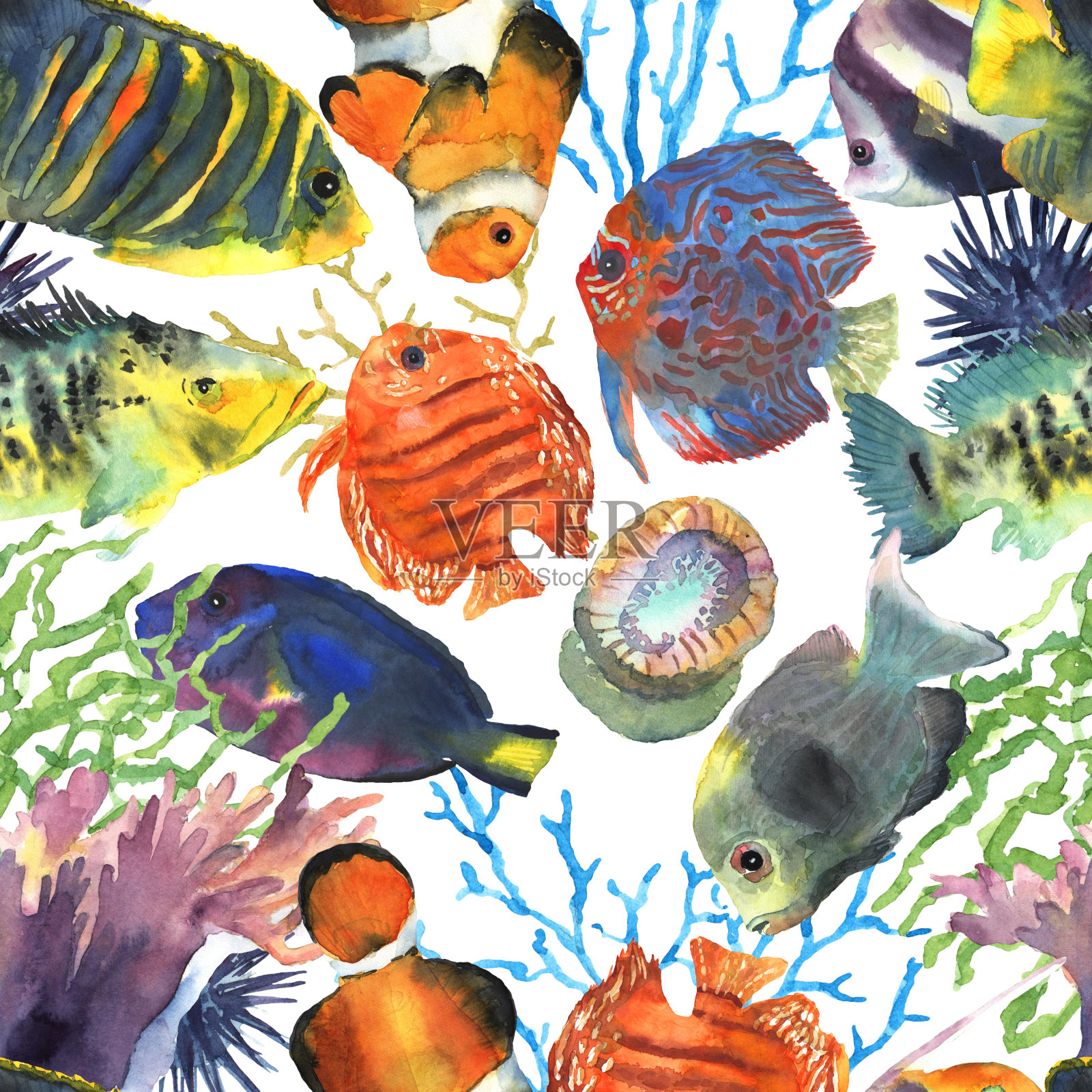 色彩鲜艳的异国热带鱼无缝图案手绘水彩装饰设计。水下世界。网站图标符号插画图片素材