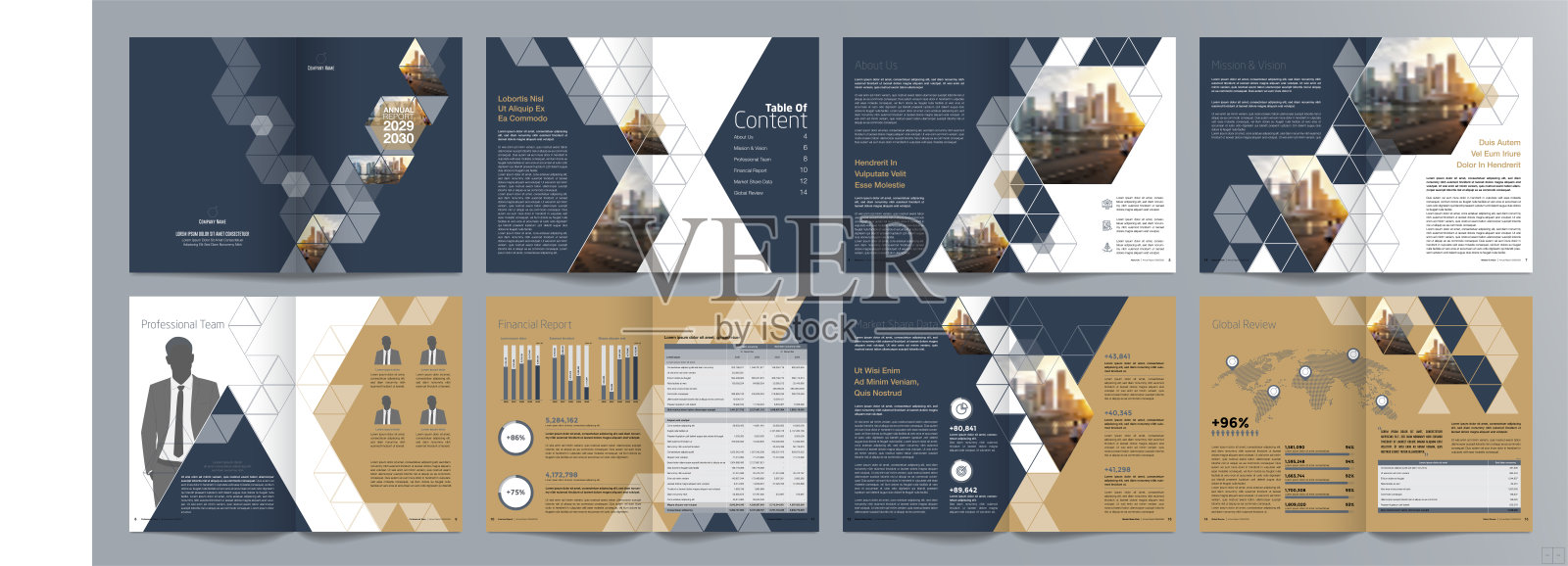 公司商业展示指南手册模板，年度报告，16页极简平面几何商业手册设计模板，A4大小。设计模板素材