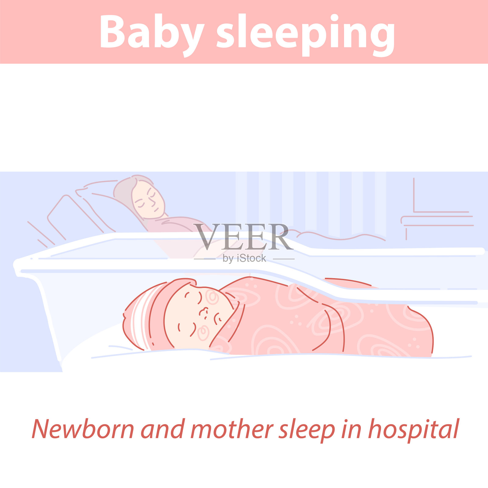 母亲和孩子在医院病房新生婴儿插画图片素材
