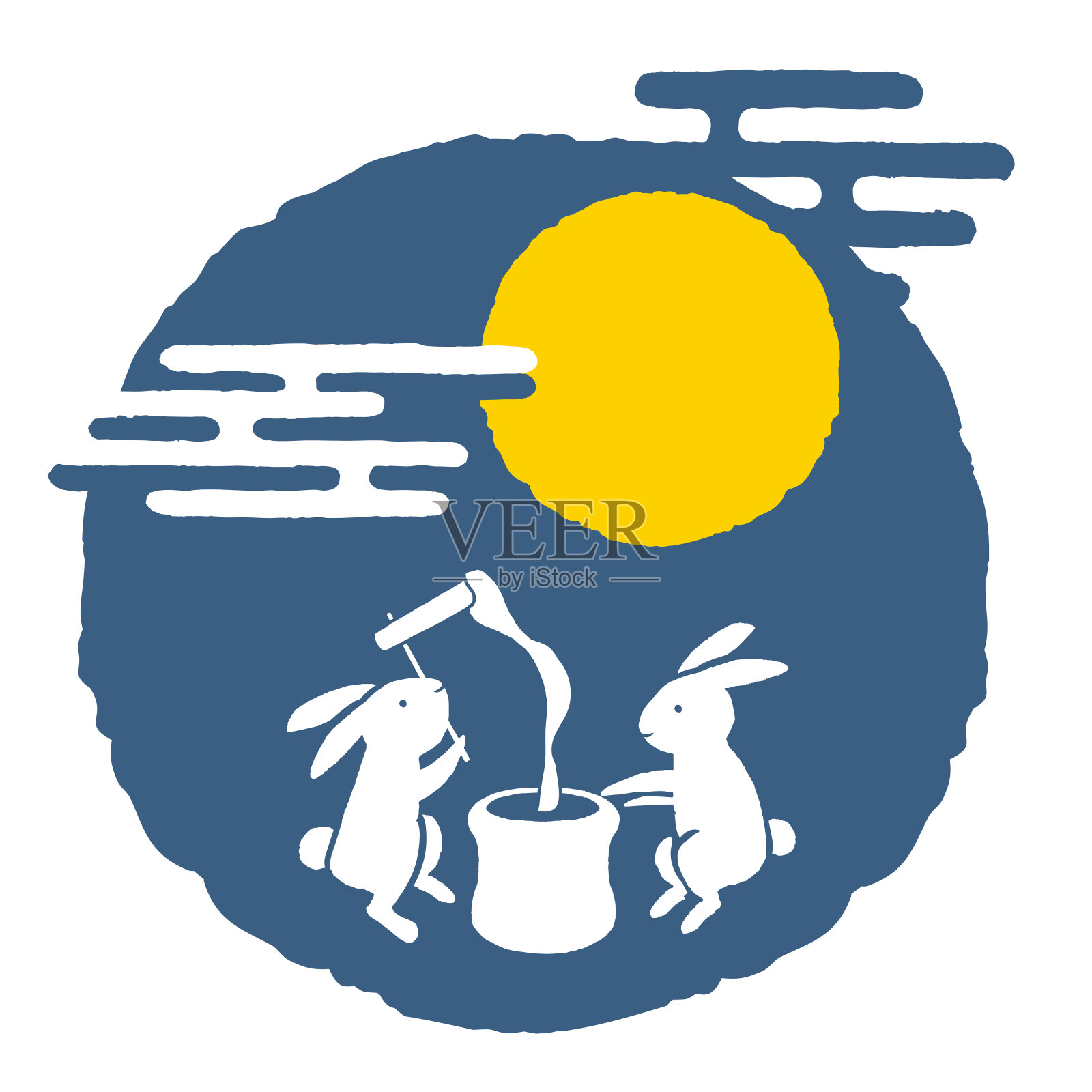 兔子在看月亮。中秋节插图兔与满月在星空的夜晚背景。卡通人物设计元素图片