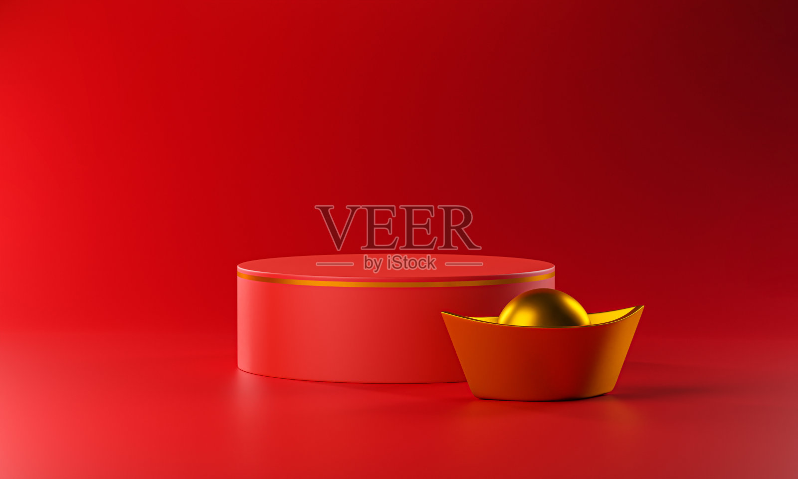 圆筒裙和中国金锭。空白空间模型红色简单的背景3D渲染照片摄影图片