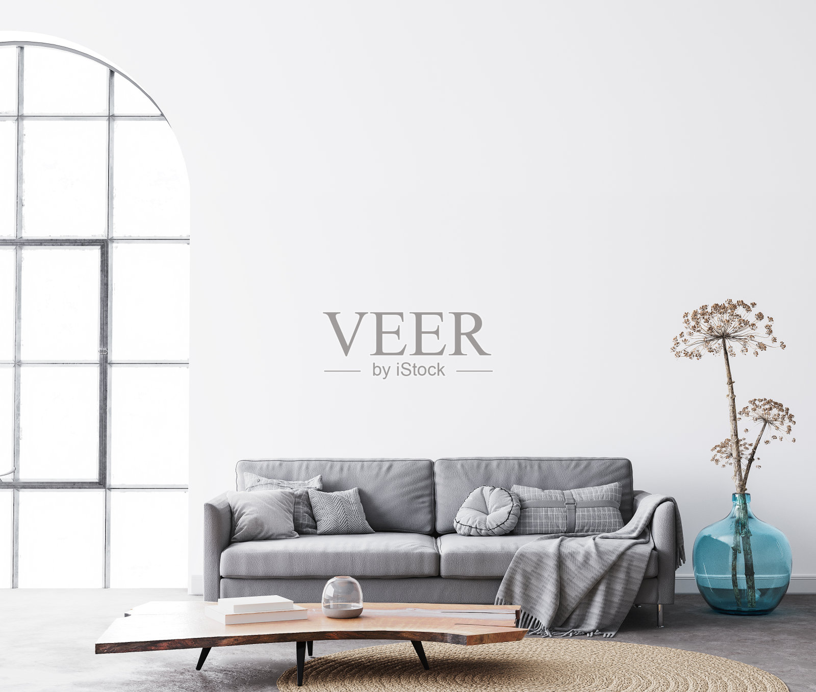 室内客厅设计与简单的白色背景模拟。带有靠垫和格子图案的现代灰色沙发照片摄影图片
