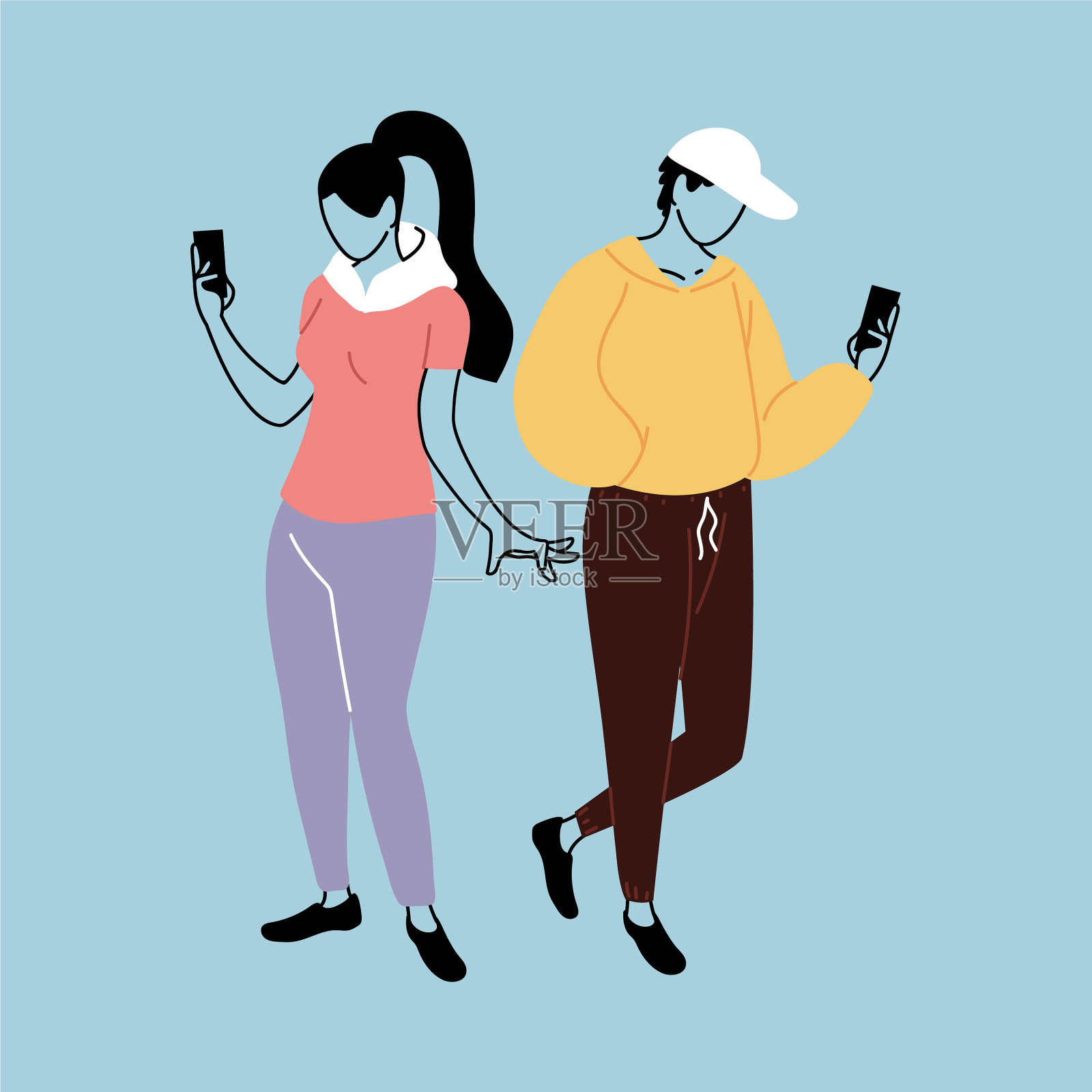 情侣使用智能手机的男人和女人插画图片素材