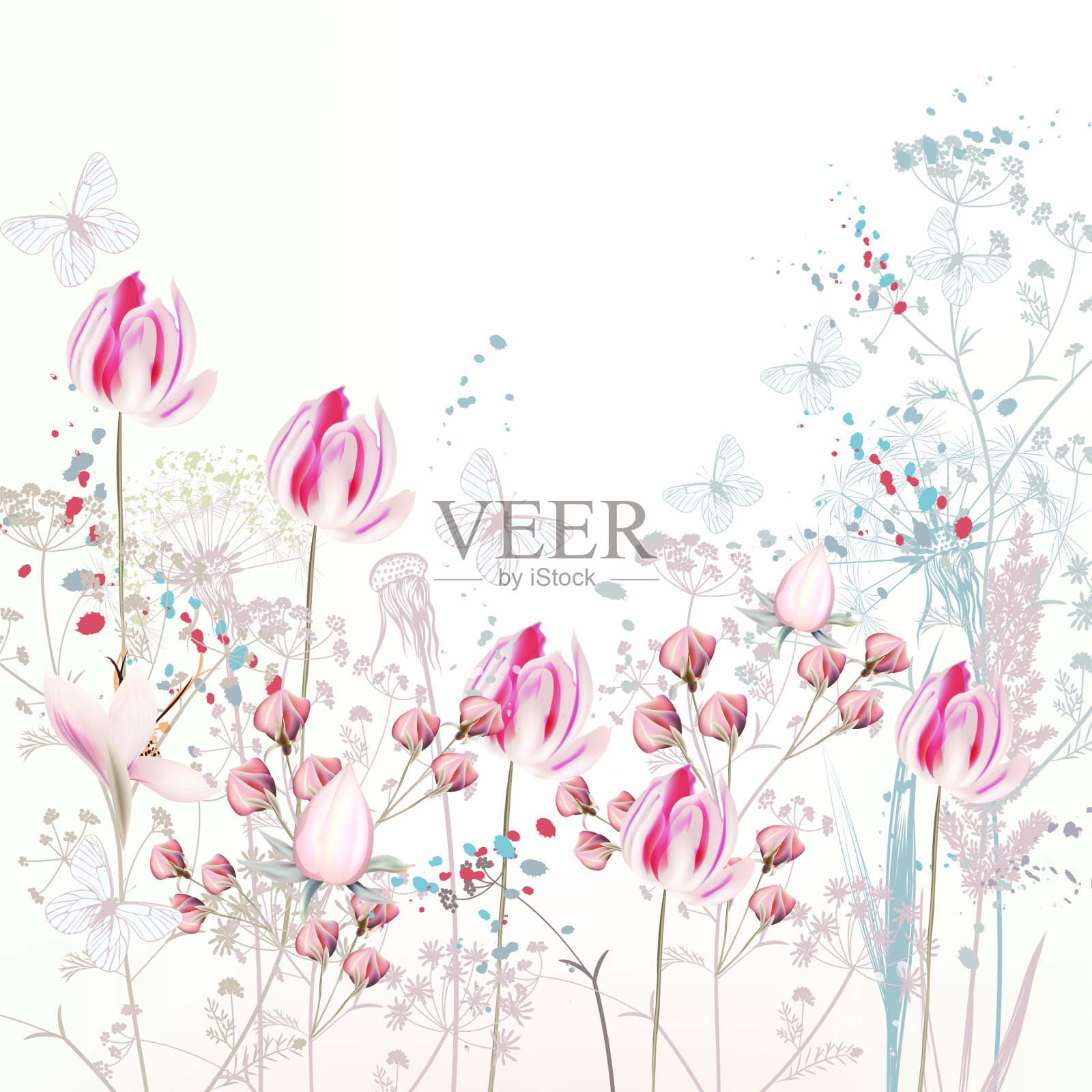 花春天与粉红色的郁金香花植物插画图片素材