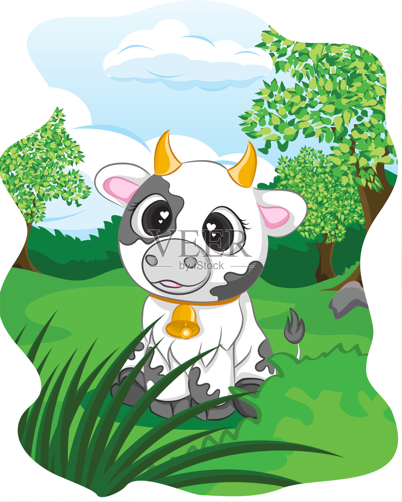 绿色草地上可爱的奶牛插画图片素材