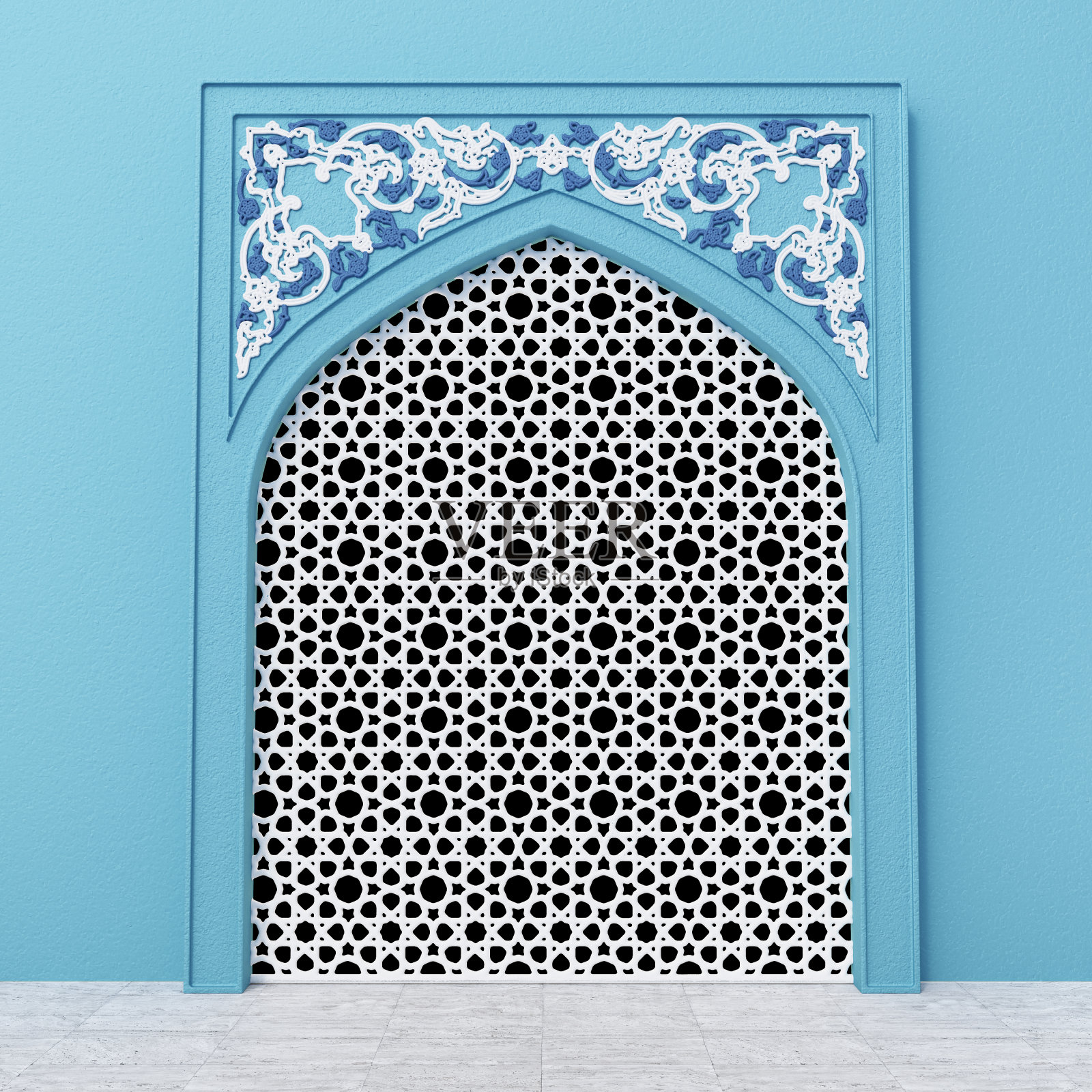 蓝色伊斯兰拱门与传统花卉设计的顶部和阿拉伯图案框架照片摄影图片