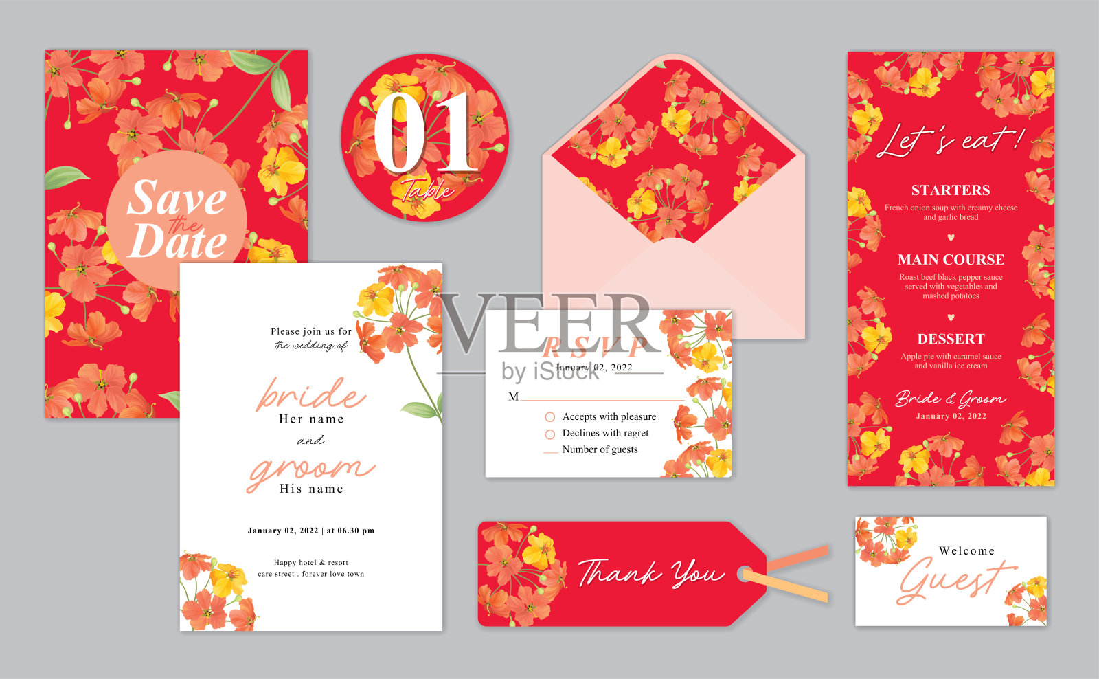 橙色花背景模板。矢量集花卉元素婚礼邀请，贺卡，信封，代金券，小册子和横幅设计。设计模板素材
