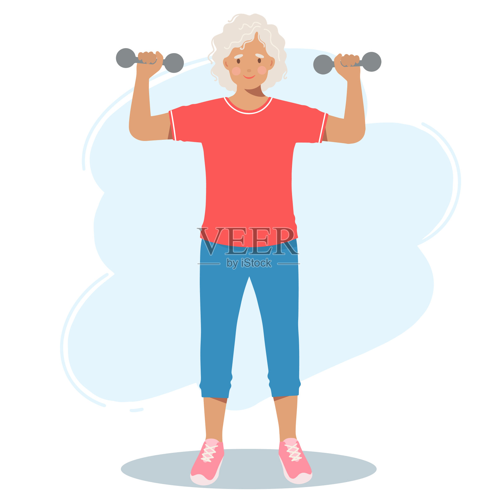 老妇人穿着运动服，拿着哑铃。退休的祖母，退休金和健康的生活方式。插画图片素材