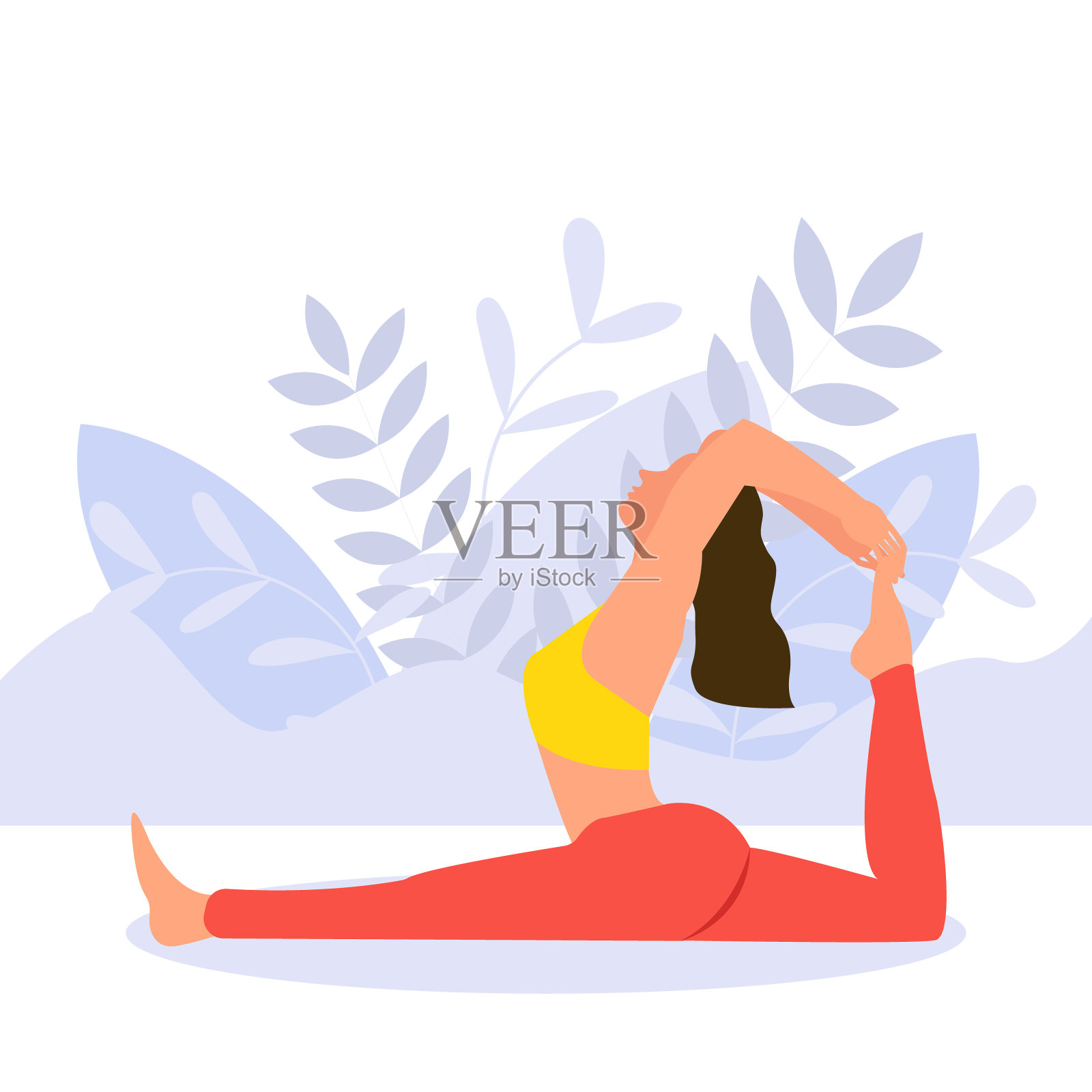 一个女孩坐在一个瑜伽姿势的背景抽象的树叶。插画图片素材