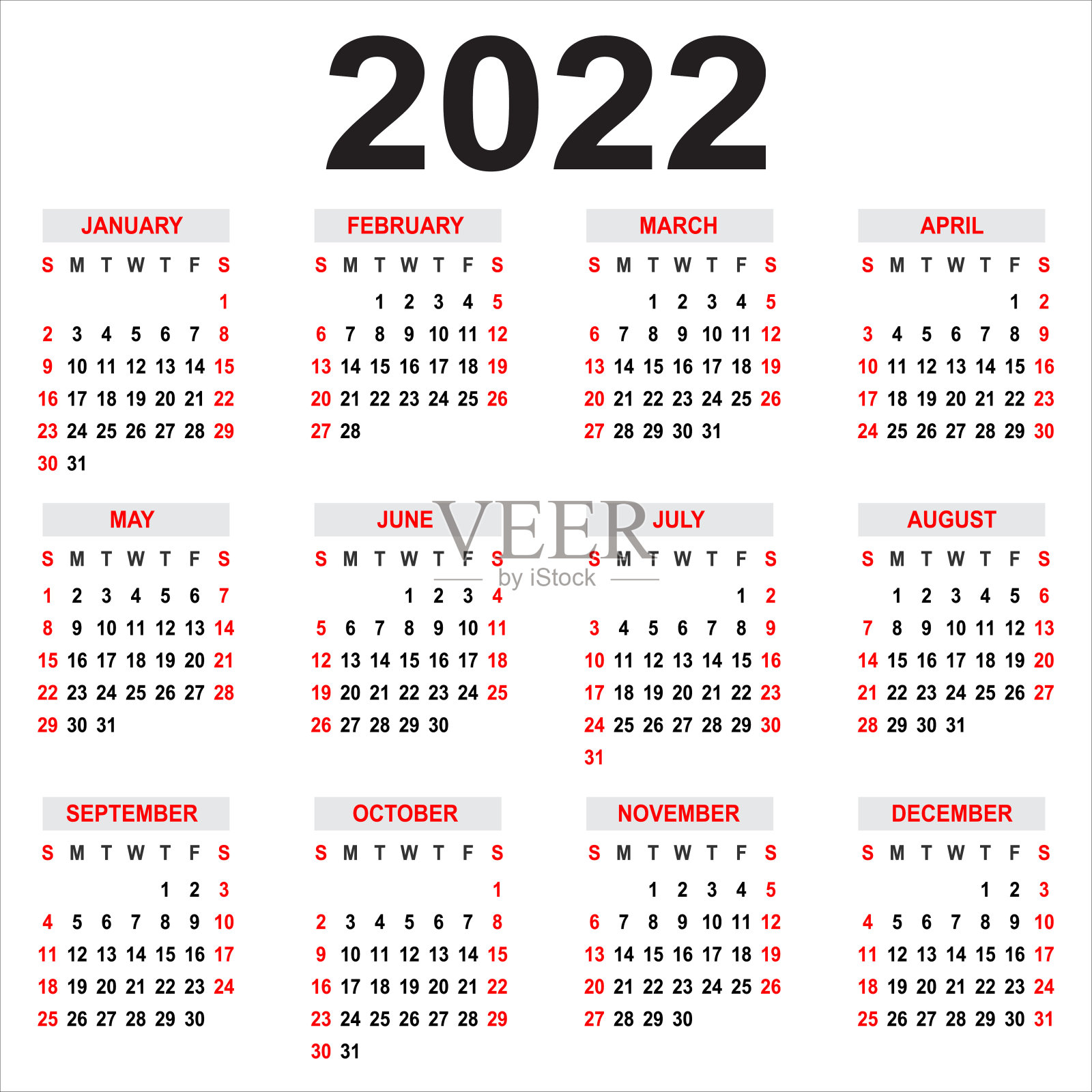 2022年日历。一周从周日开始。基本的网格设计模板素材