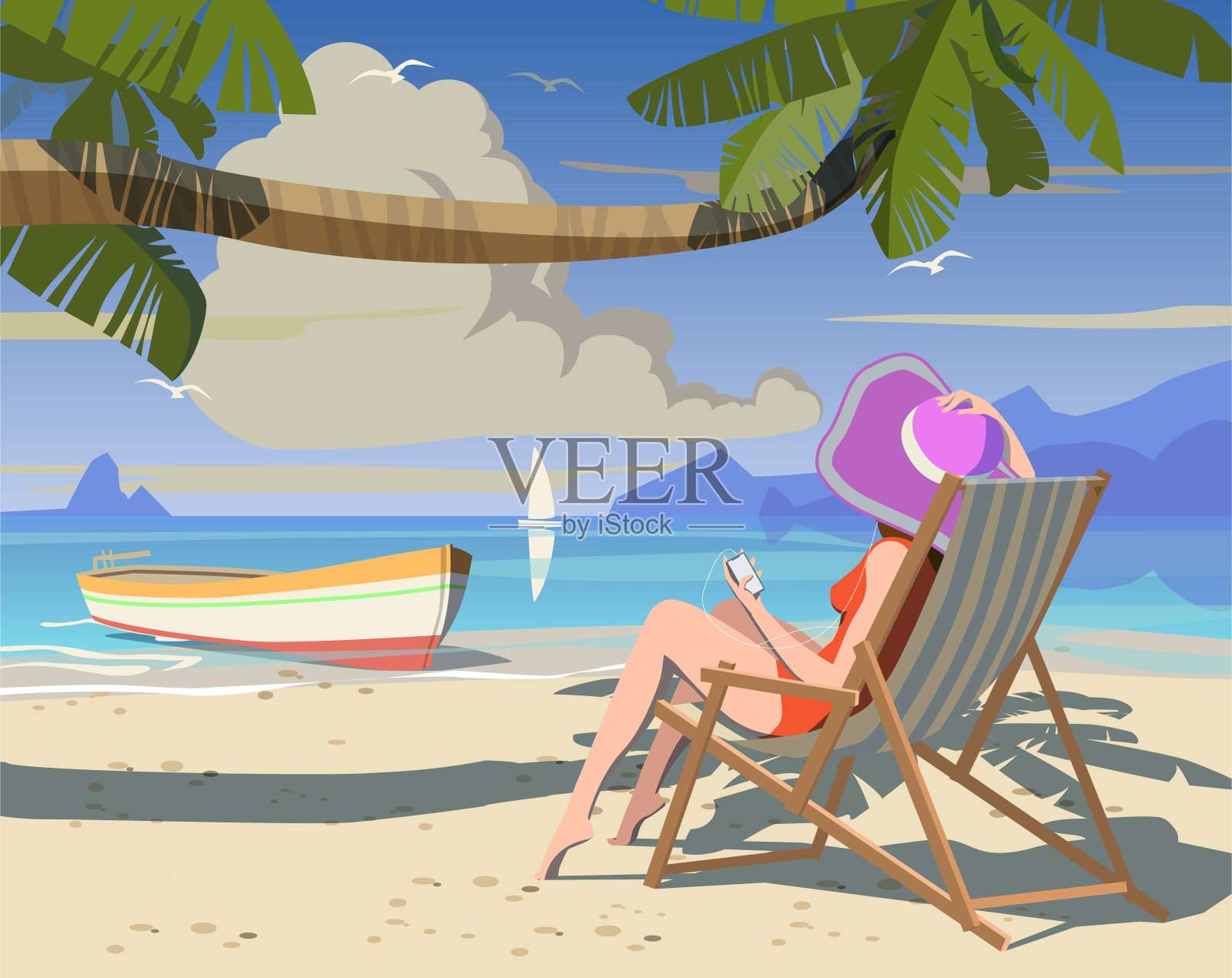 度假的女孩，岛屿和棕榈树，矢量。插画图片素材