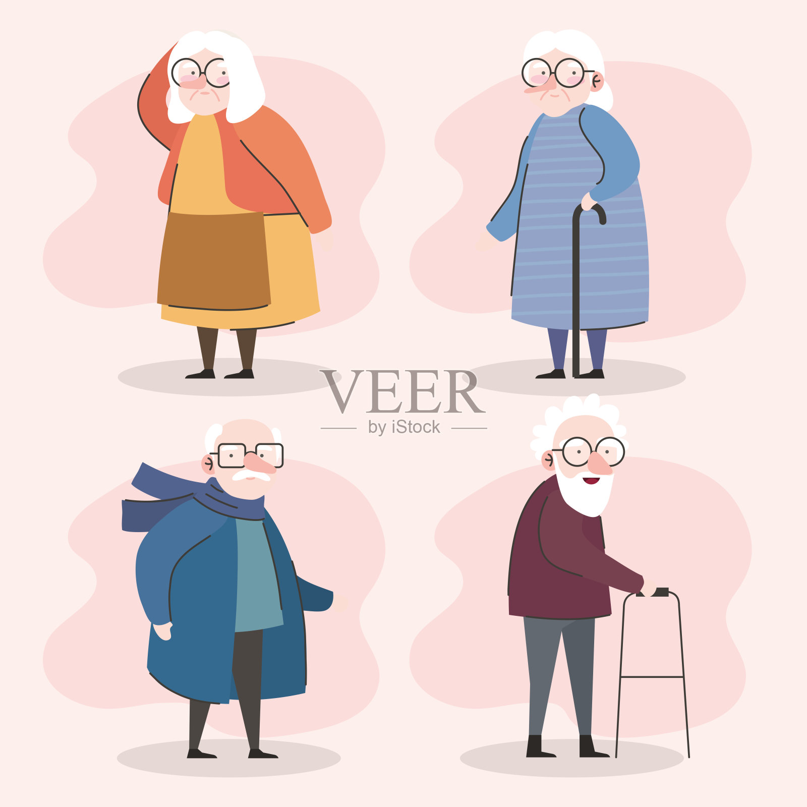 一组四个祖父母使用手杖和步行者的角色插画图片素材