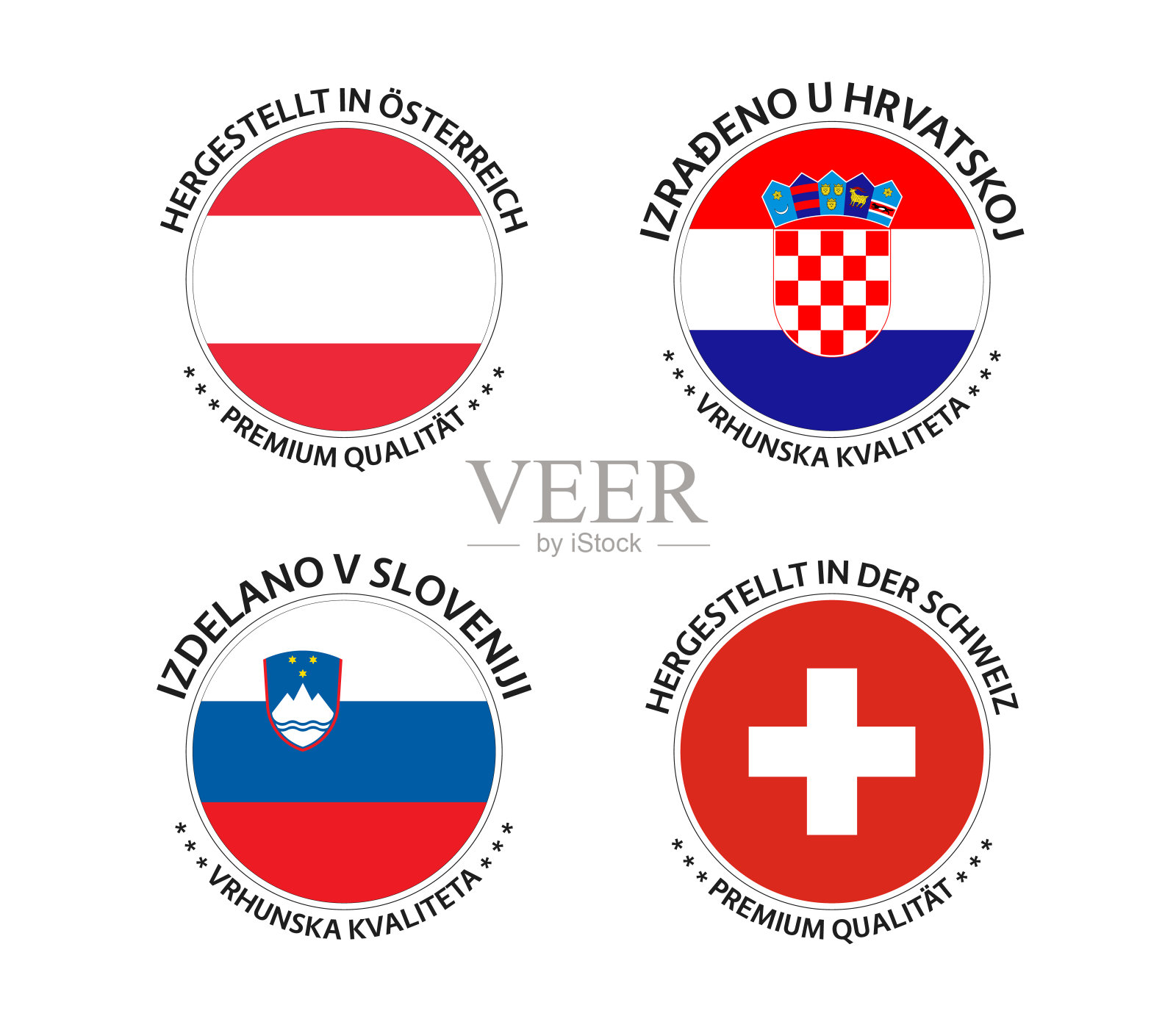 一套四种奥地利、克罗地亚、斯洛文尼亚和瑞士贴纸。奥地利制造、克罗地亚制造、斯洛文尼亚制造和瑞士制造。简单的图标与旗帜隔离在一个白色的背景插画图片素材