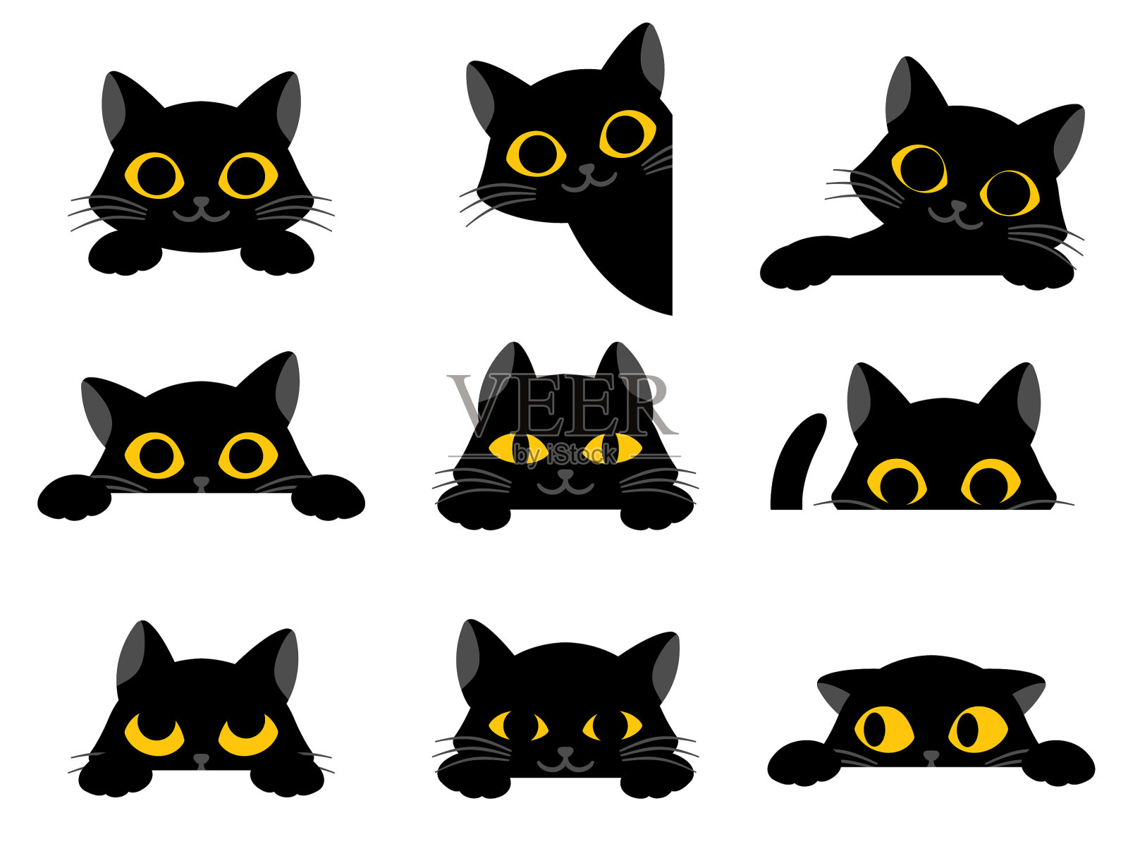 设置可爱的黑色卡通猫与黄色眼睛插画图片素材