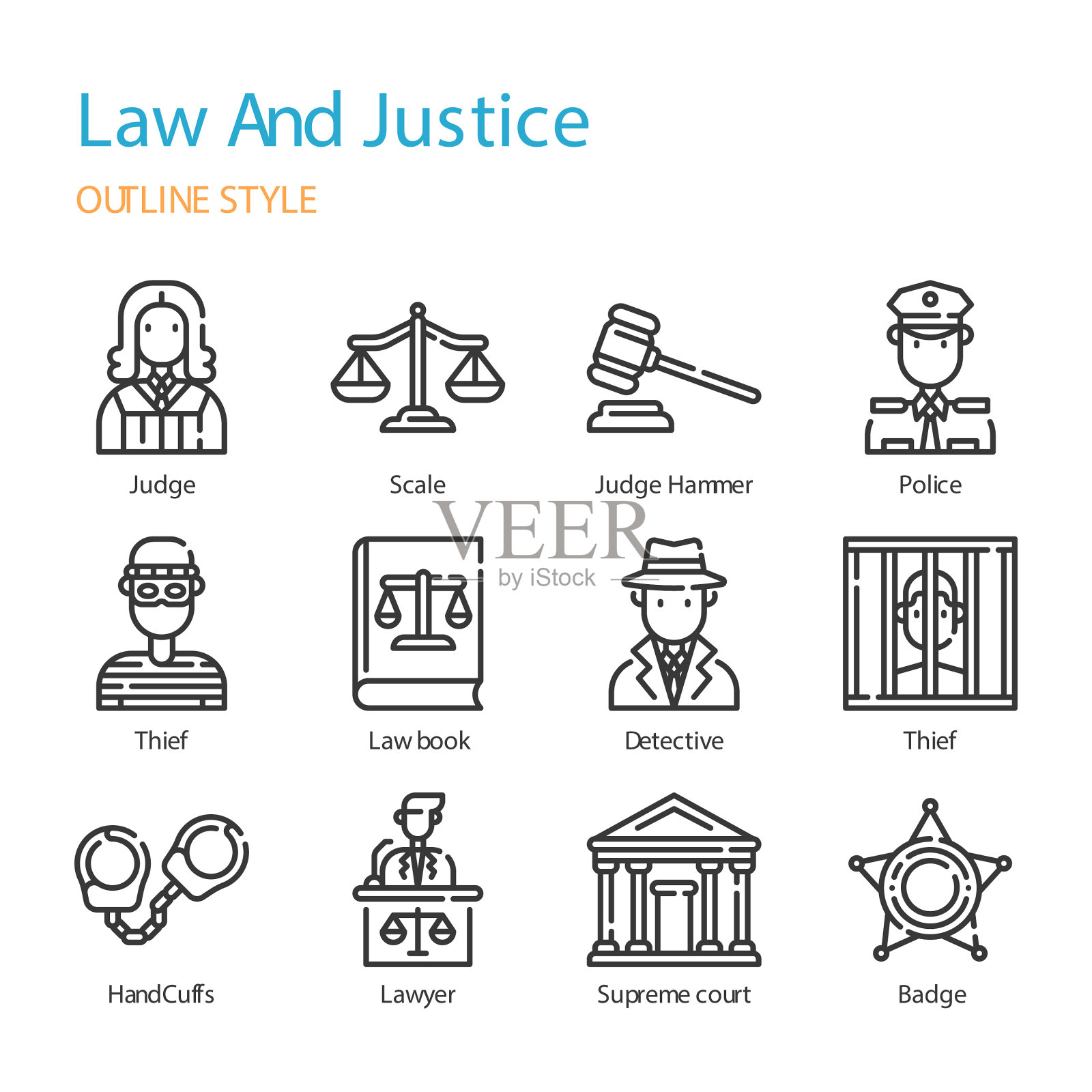 法律和正义的轮廓图标和符号集插画图片素材
