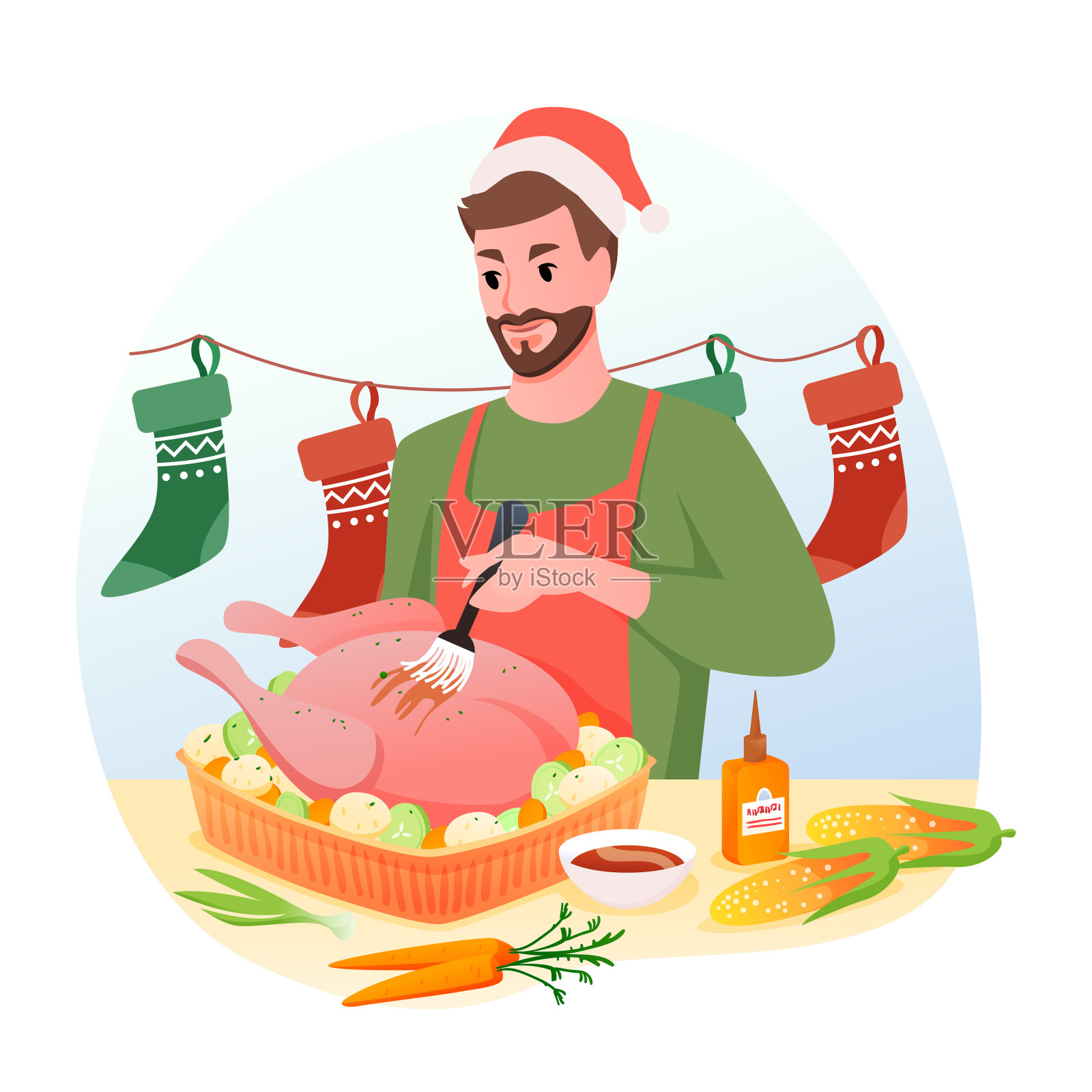 男人正在烹煮传统圣诞火鸡为晚餐，圣诞快乐，寒假在家，扁平卡通风格。插画图片素材