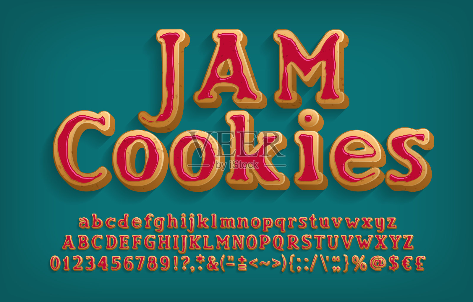 果酱饼干字母字体。卡通3d字母，数字和标点符号。大写和小写字母。设计元素图片