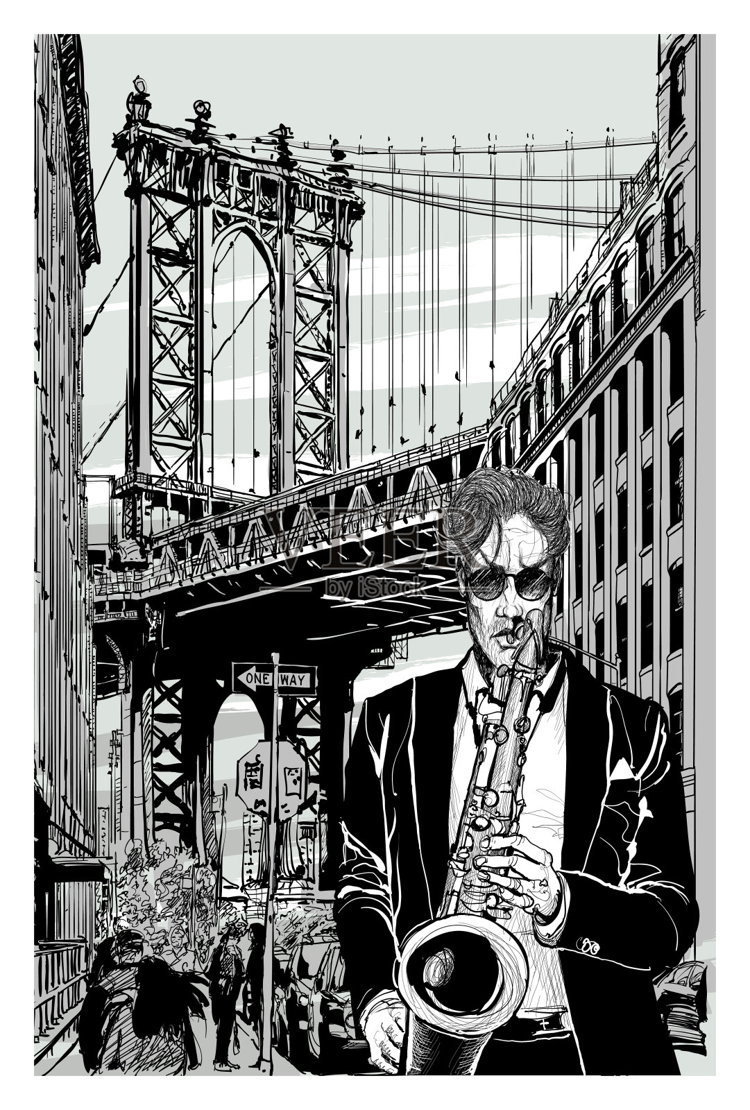 布鲁克林曼哈顿桥附近的萨克斯演奏家插画图片素材
