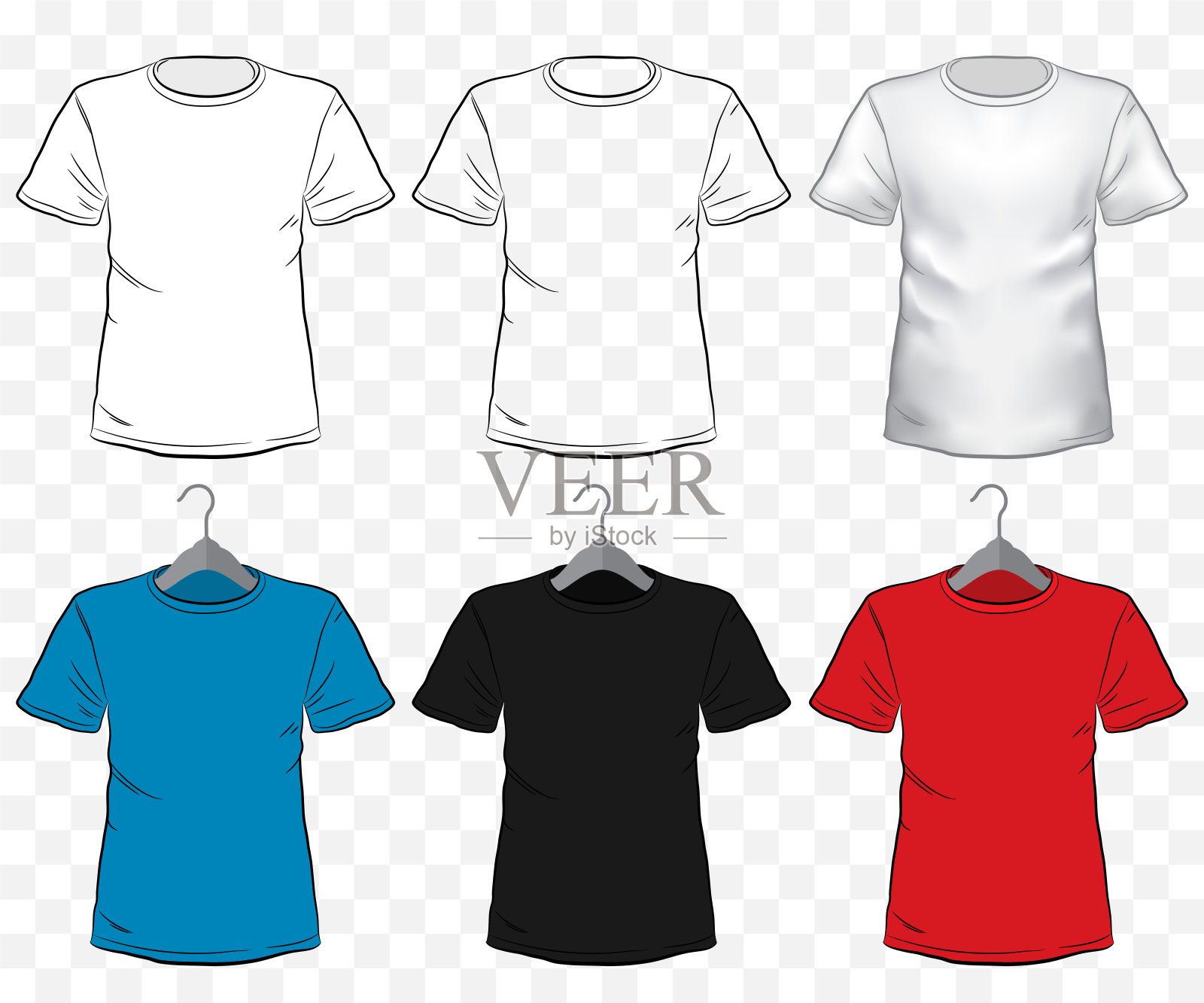 t恤模型矢量插图设置透明的背景。衣架上不同类型和颜色的短袖衬衫模板。插画图片素材