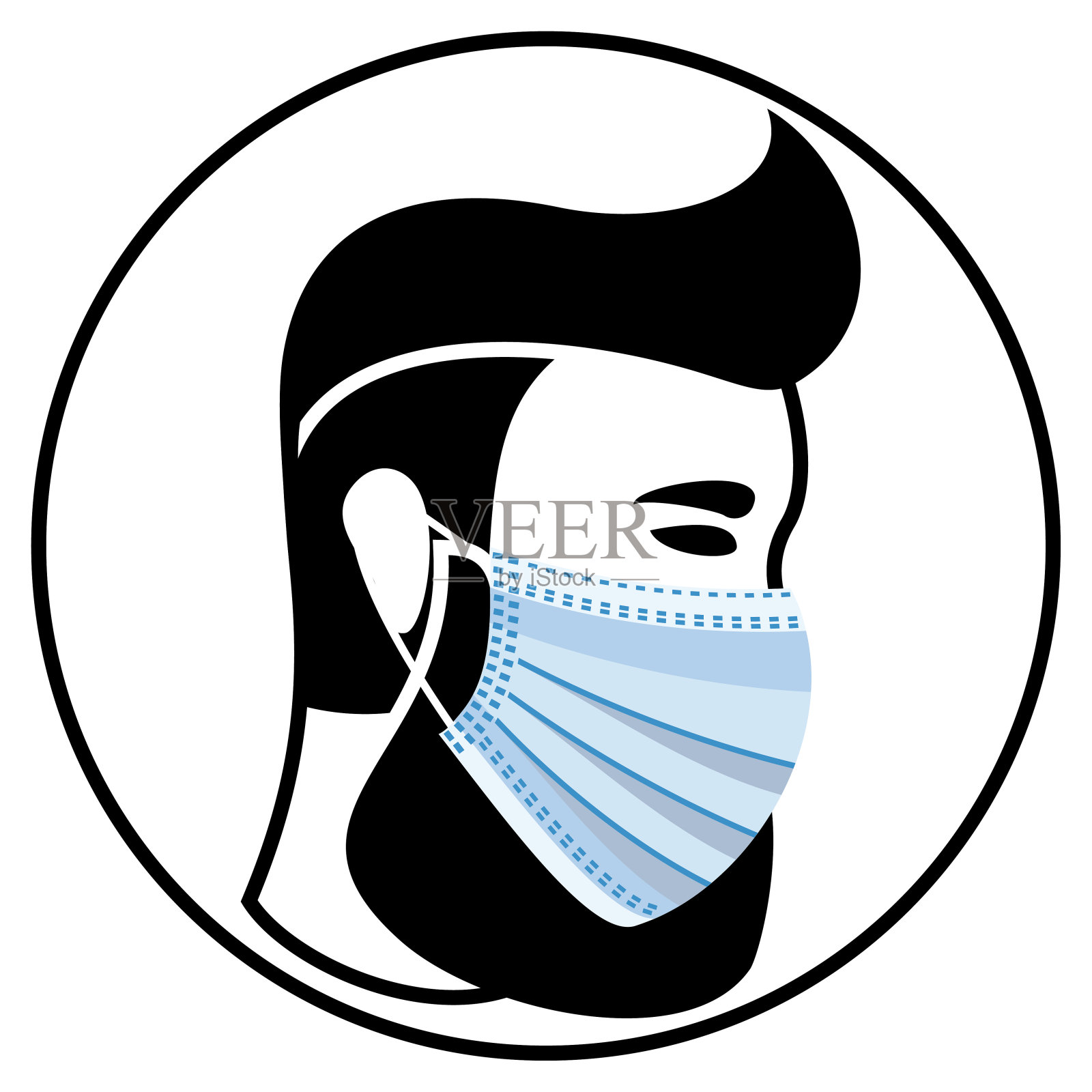 一个留着胡子戴着医用面具的男人。“潮人”发型的传播者害怕感染呼吸道病毒。插画图片素材