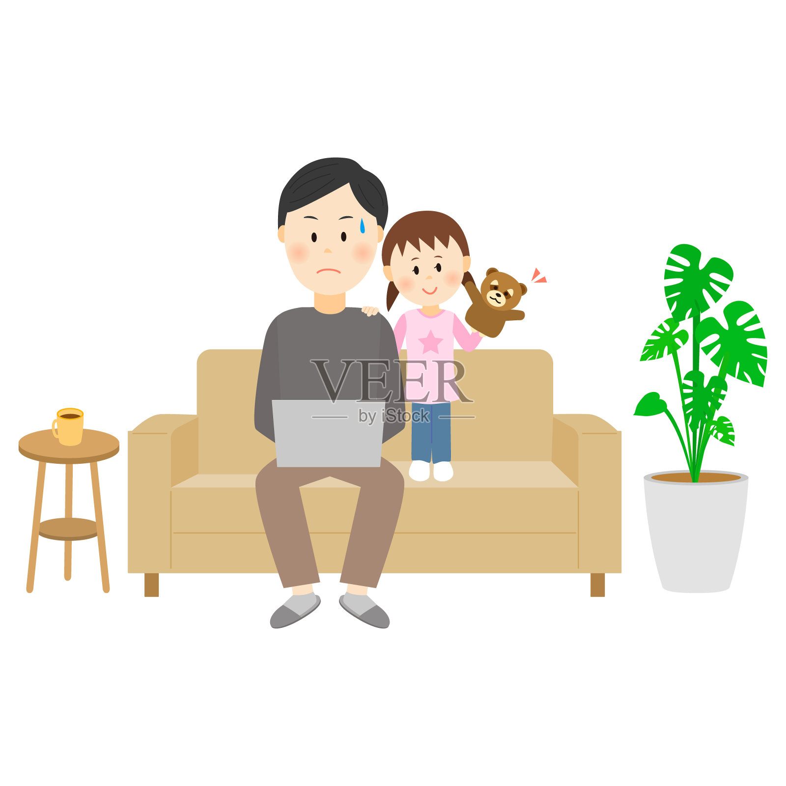 一个孩子和一个在家里沙发上工作的父亲一起看着插画图片素材