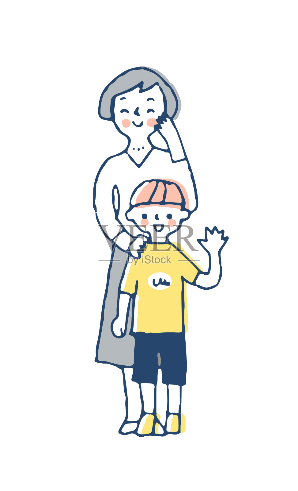 一个男孩和微笑的妈妈在挥手插画图片素材