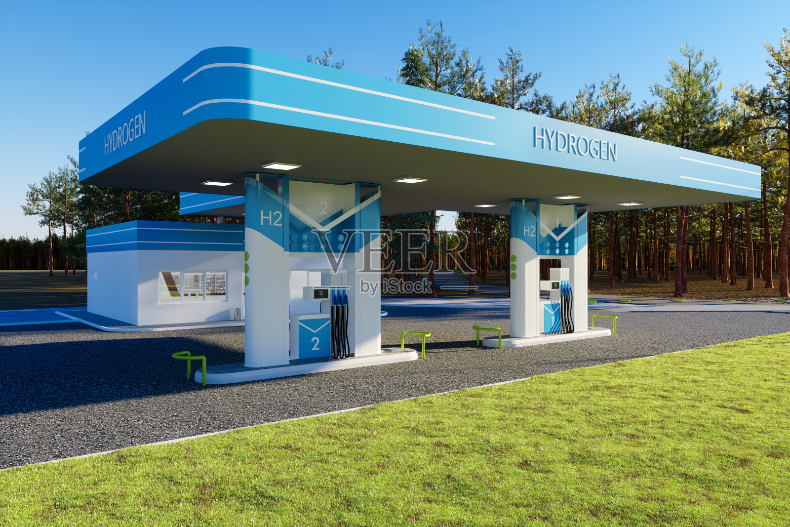 环境友好的替代能源概念与氢燃料站。照片摄影图片
