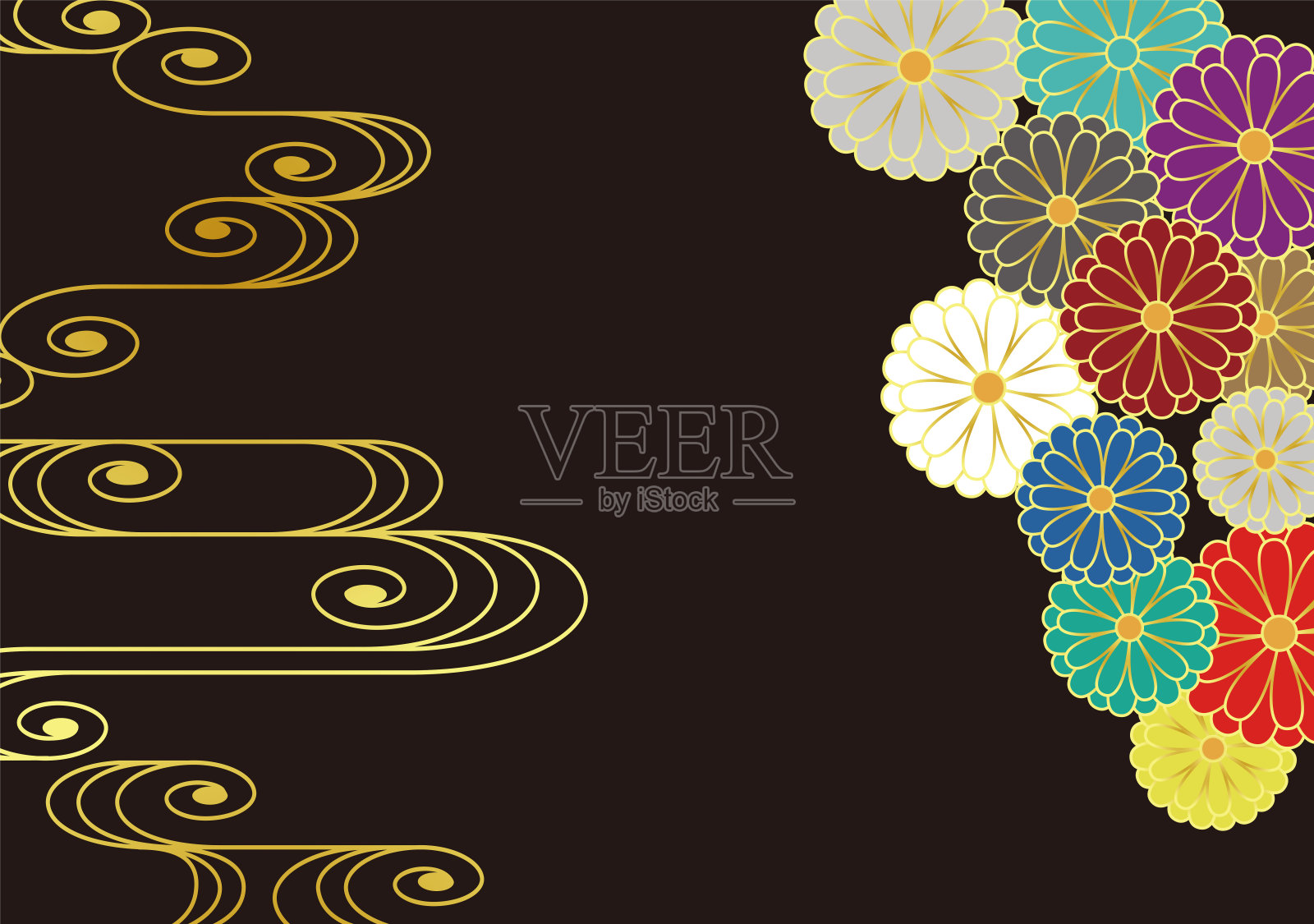 日式菊花和流水图案。向量背景材料。插画图片素材