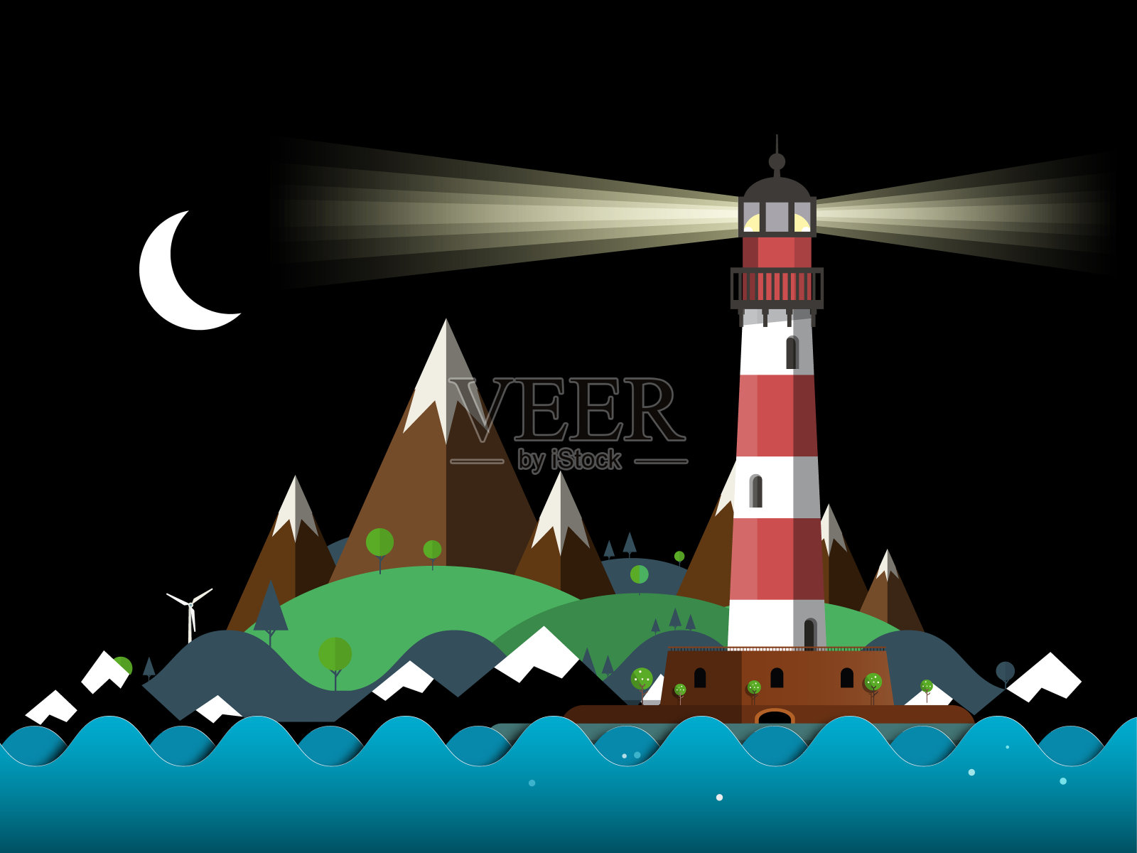 灯塔夜景观与海浪插画图片素材