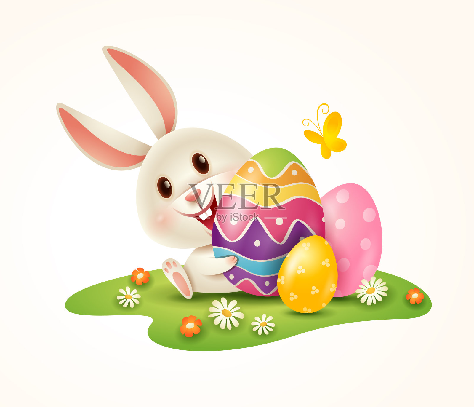 复活节兔子和复活节在草地上画彩蛋。孤立。插画图片素材