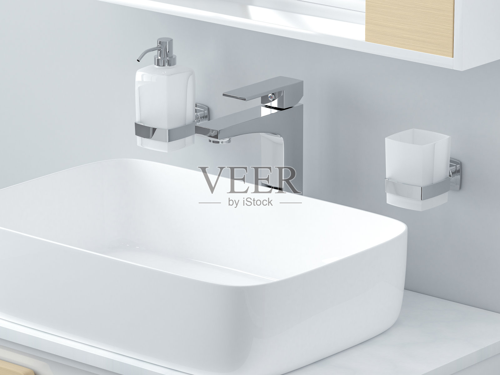 现代浴室内部。白色水槽与铬水龙头配件。3 d渲染图照片摄影图片