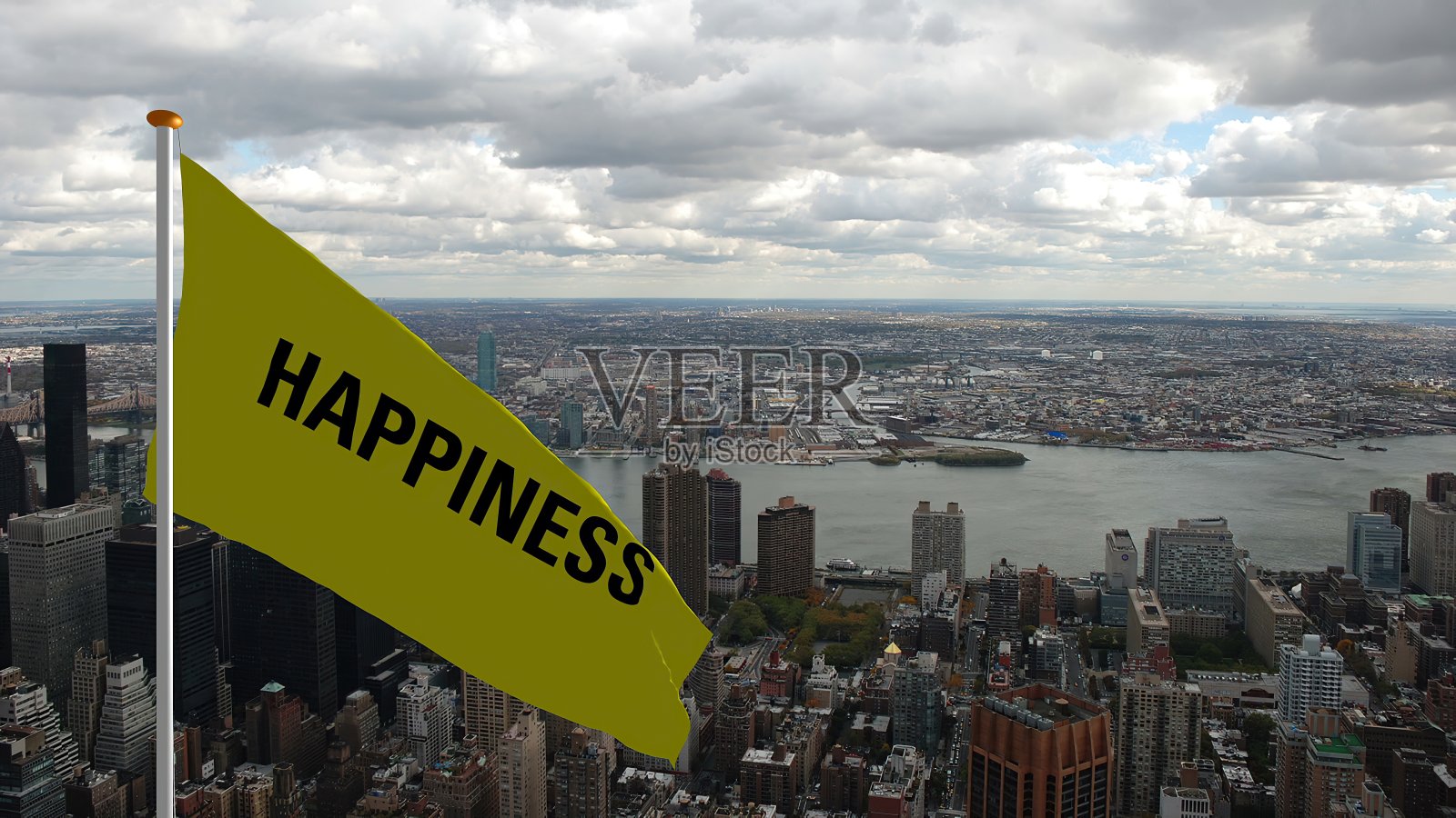幸福旗帜之上的大城市3d插图照片摄影图片