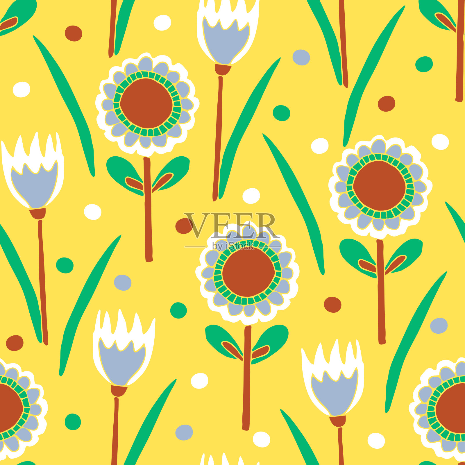 无缝矢量模式与手绘鲜花在明亮的黄色背景。夏日草地墙纸设计与向日葵和郁金香。装饰性花卉时尚纺织品。插画图片素材