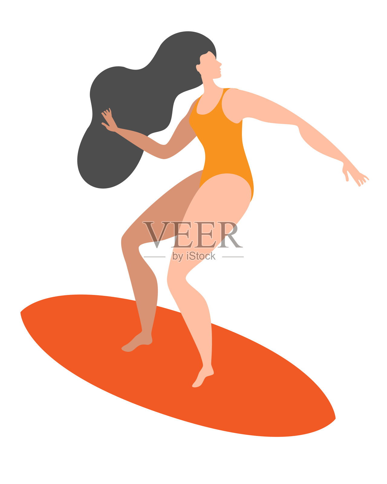 一个穿着泳衣的女孩正在冲浪。插画图片素材