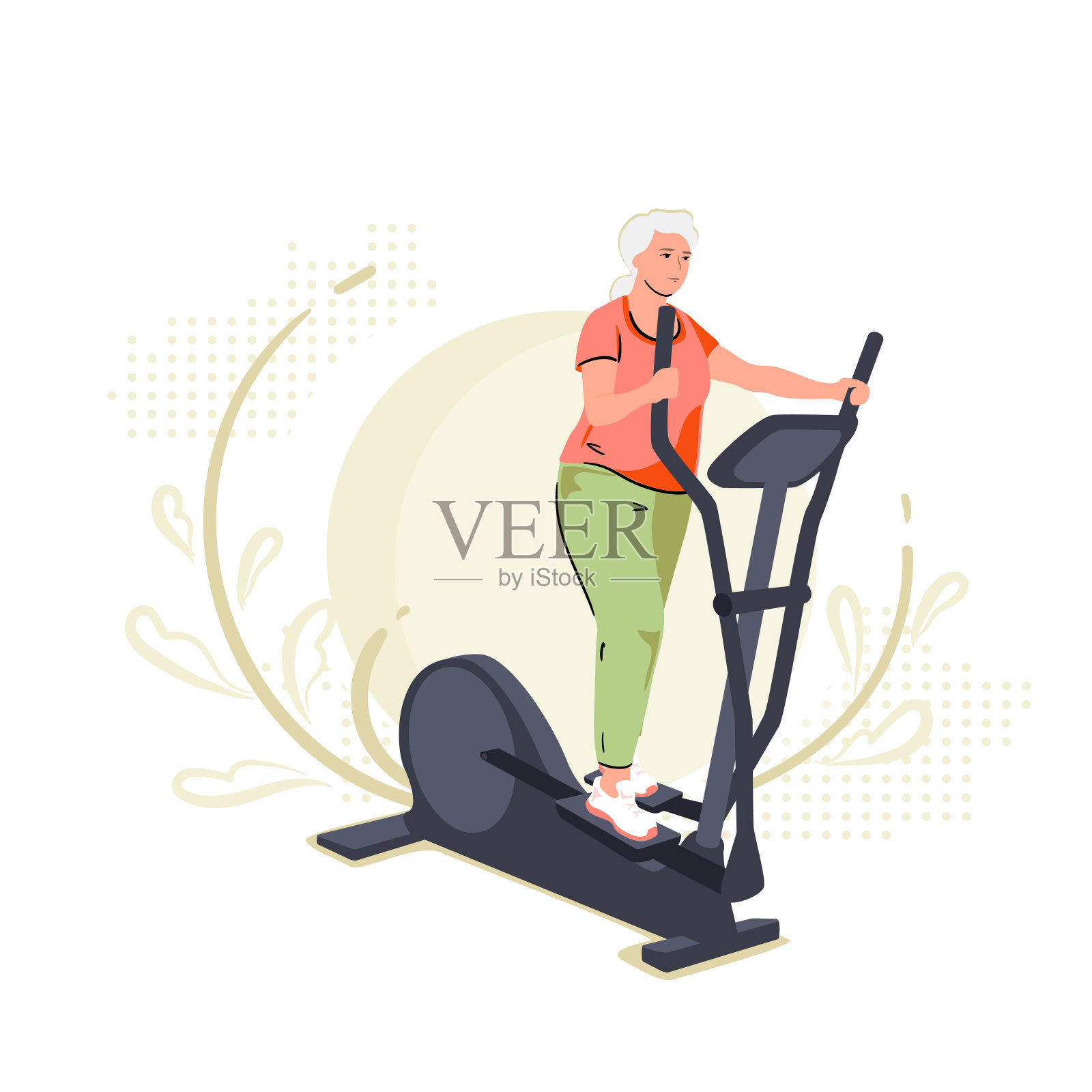 活跃的老年妇女在椭圆交叉训练器在家。老年生活方式体育活动。爱运动的老奶奶在训练机器，活跃的老人性格。健身房矢量插图平面风格插画图片素材